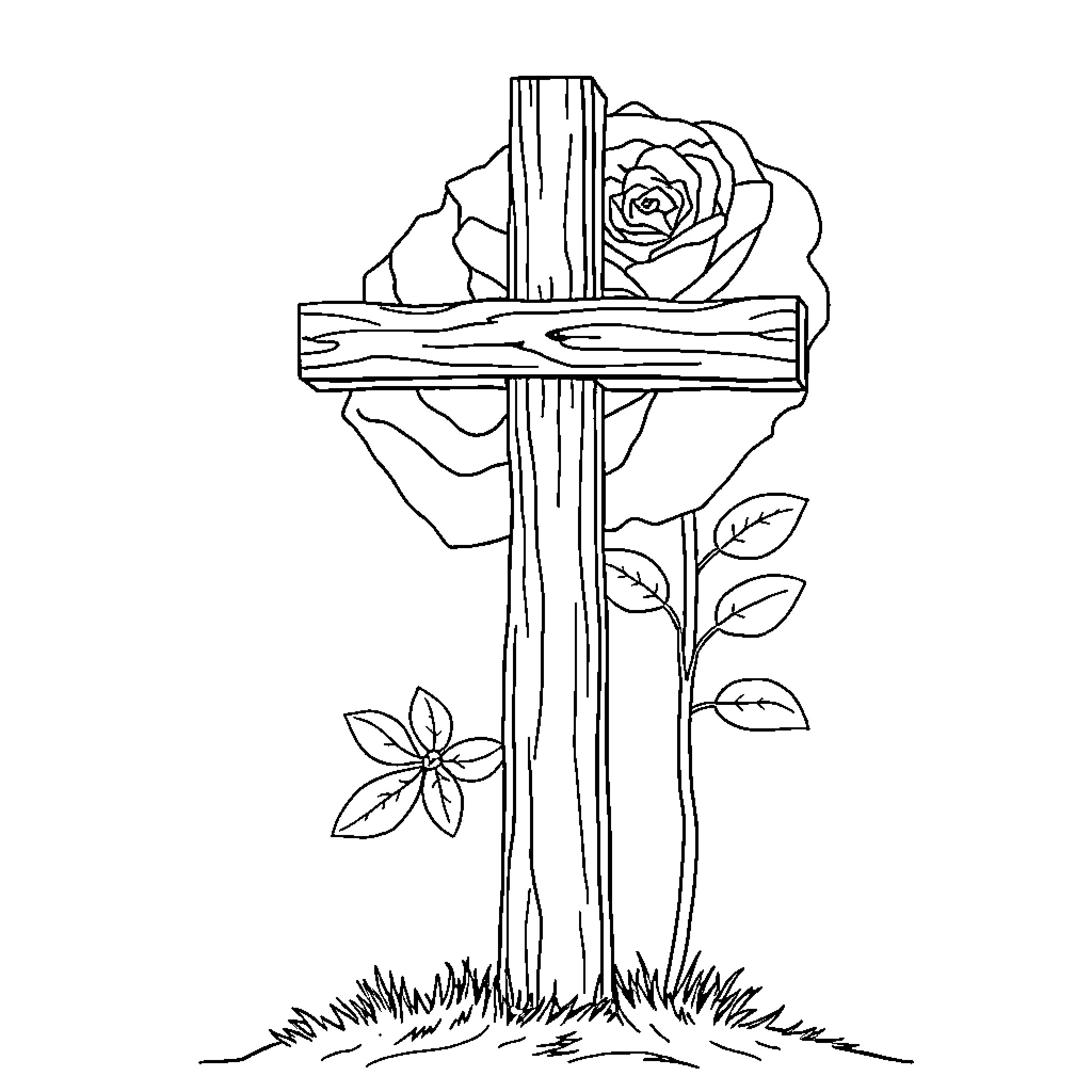 Cross with Flowers and Nature Motifs Coloring Page (free black-and-white line drawing printable PDF for all, from beginners to advanced learners, including children, teens, adults, and seniors)
