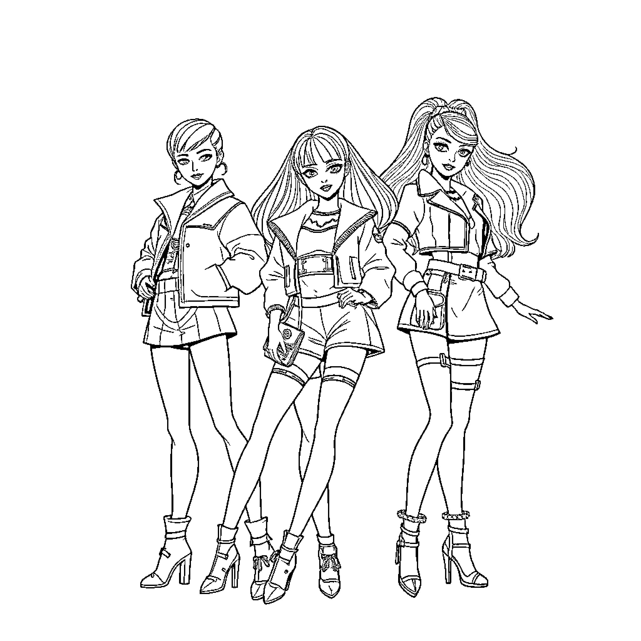 K Pop Warrior Trio in Stylized Outfits Coloring Page (free black-and-white line drawing printable PDF for all, from beginners to advanced learners, including children, teens, adults, and seniors)