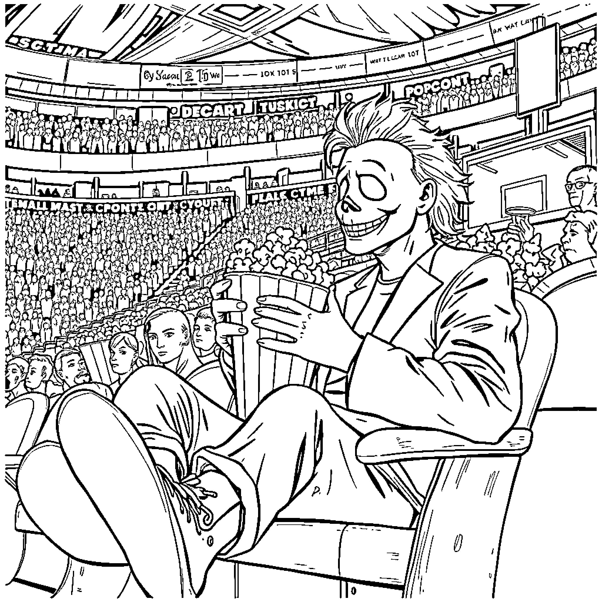 Michael Myers at the Movie Theater Coloring Page (free black-and-white line drawing printable PDF for all, from beginners to advanced learners, including children, teens, adults, and seniors)