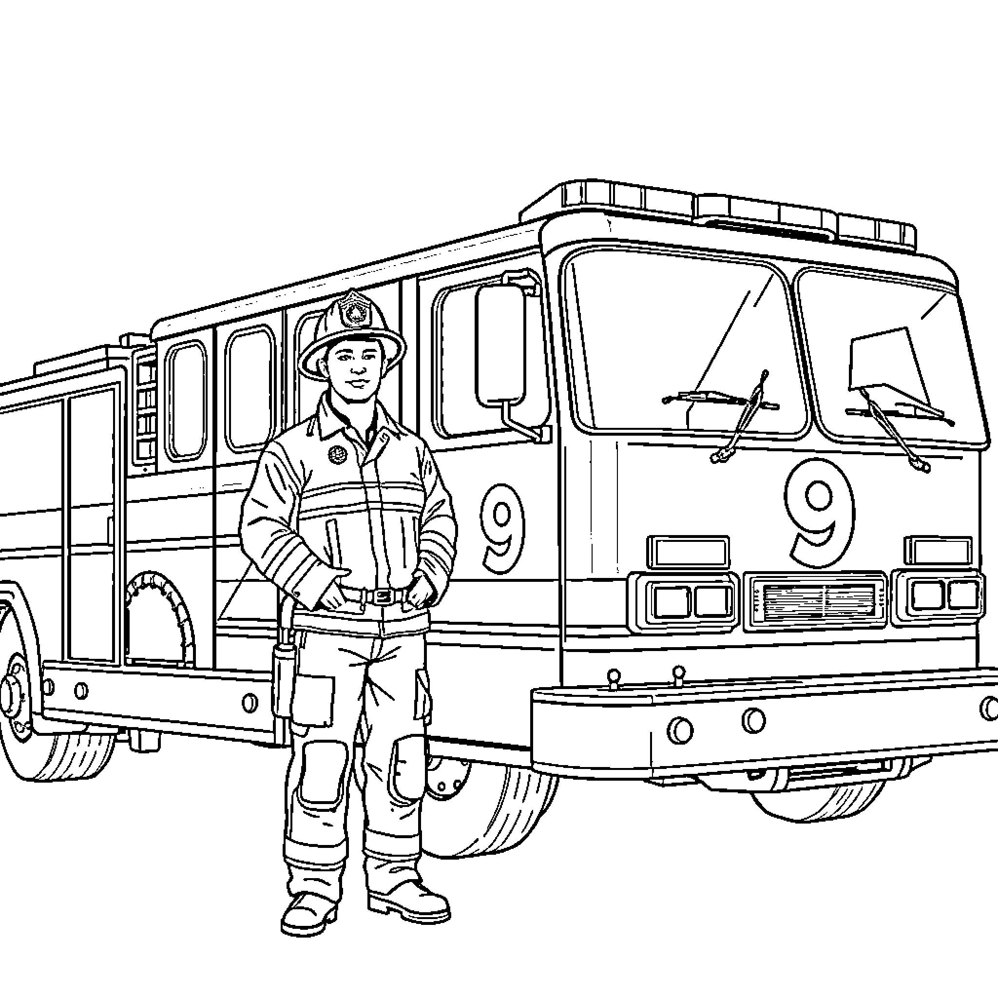 Firefighter in action with fire truck Coloring Page (free black-and-white line drawing printable PDF for all, from beginners to advanced learners, including children, teens, adults, and seniors)