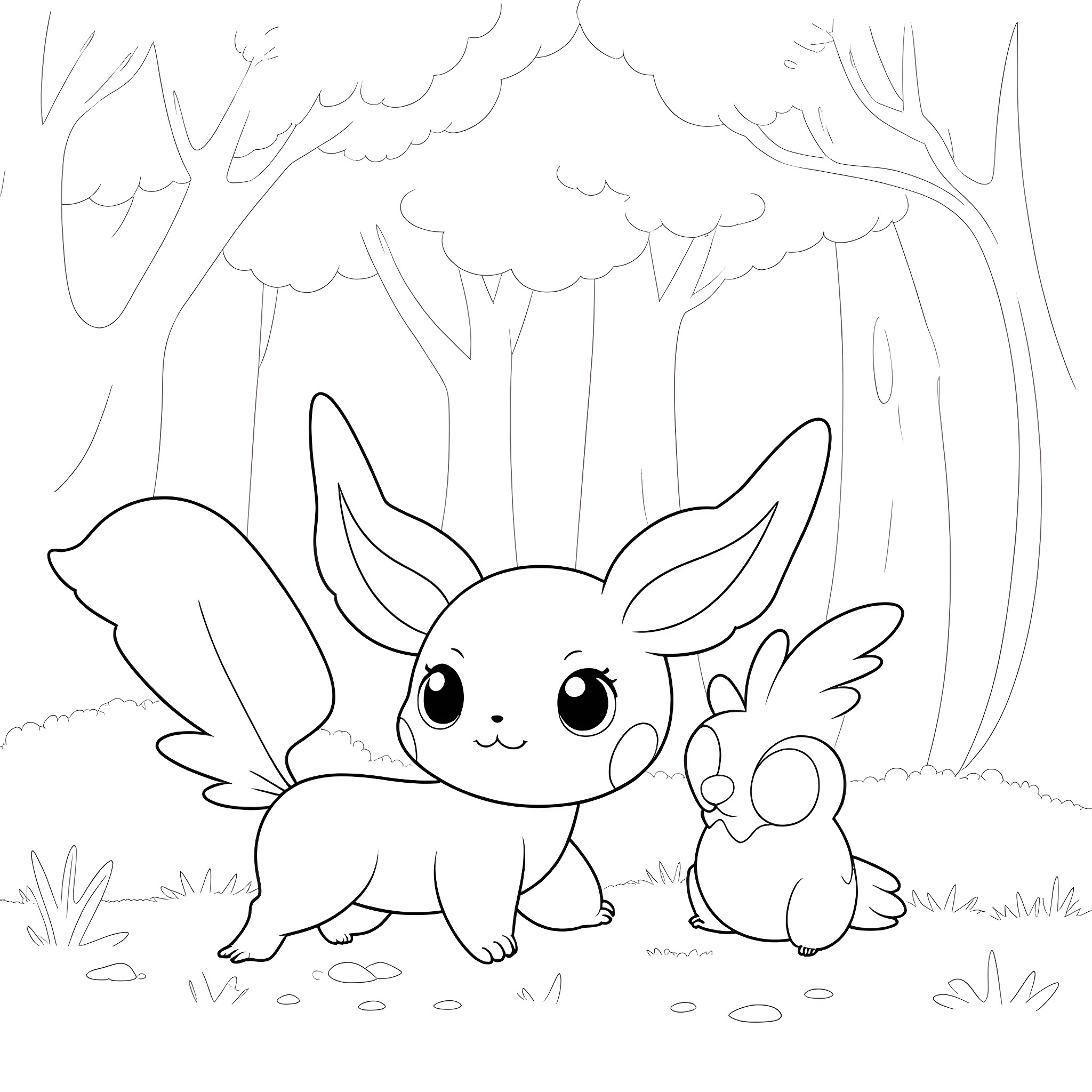 Pichu and Pikachu playing in the forest Coloring Page (free black-and-white line drawing printable PDF for all, from beginners to advanced learners, including children, teens, adults, and seniors)