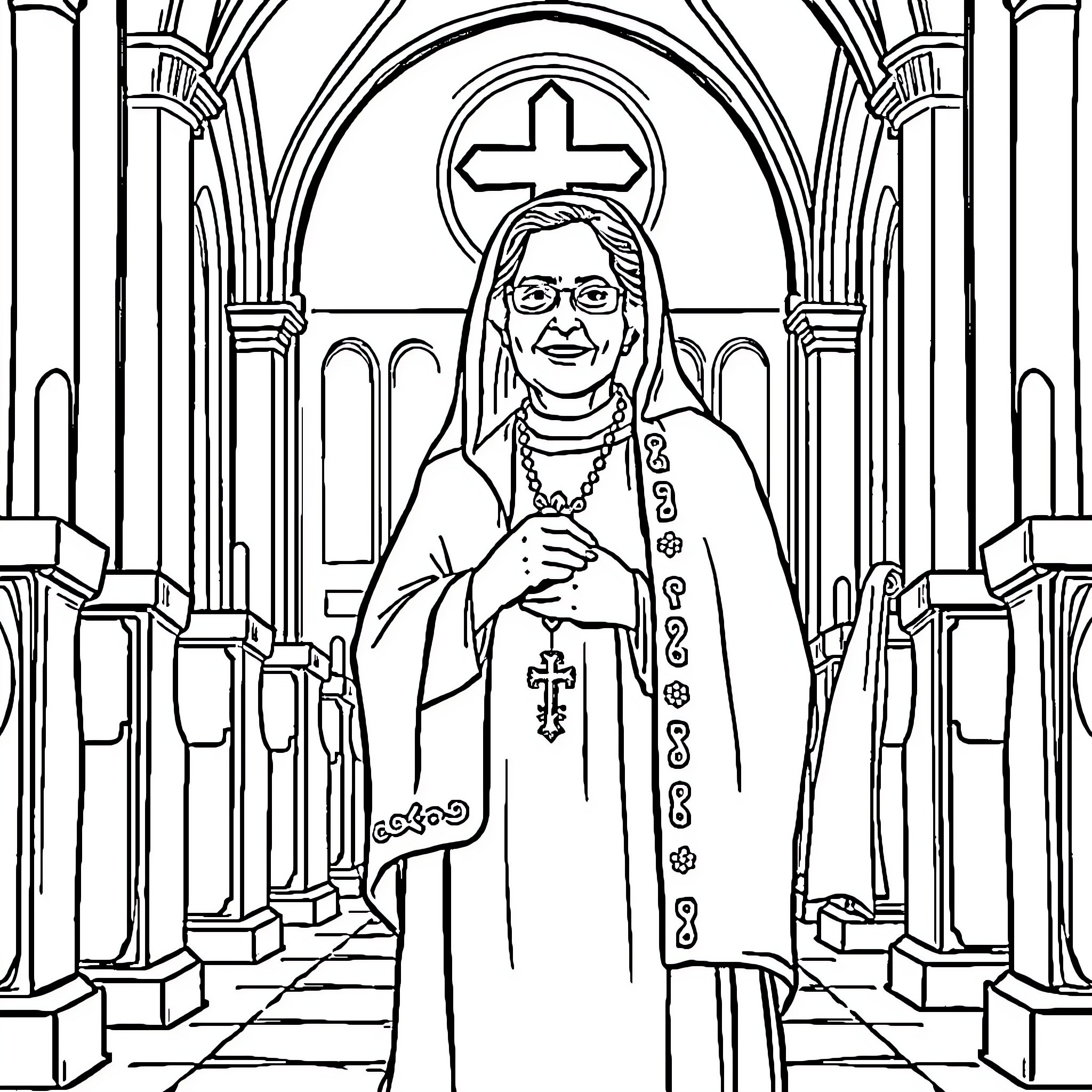 St. Gianna Beretta Molla in solemn prayer within a church Coloring Page (free black-and-white line drawing printable PDF for all, from beginners to advanced learners, including children, teens, adults, and seniors)