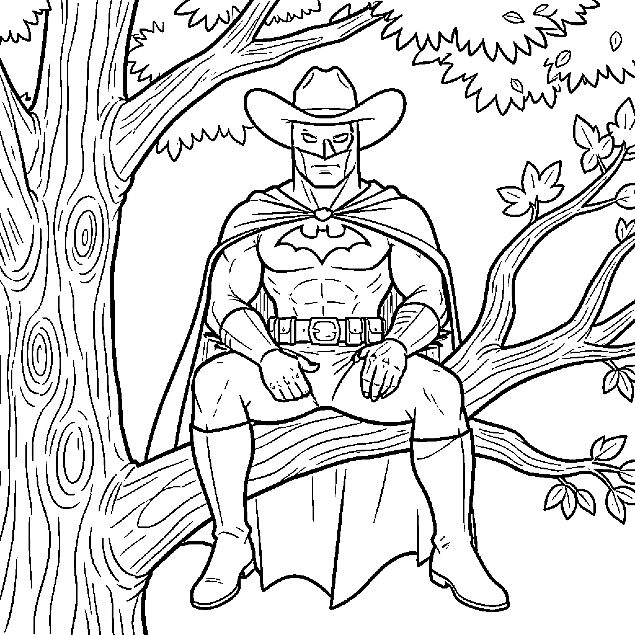 Batman wearing a cowboy hat sitting on a tree branch Coloring Page (free black-and-white line drawing printable PDF for all, from beginners to advanced learners, including children, teens, adults, and seniors)