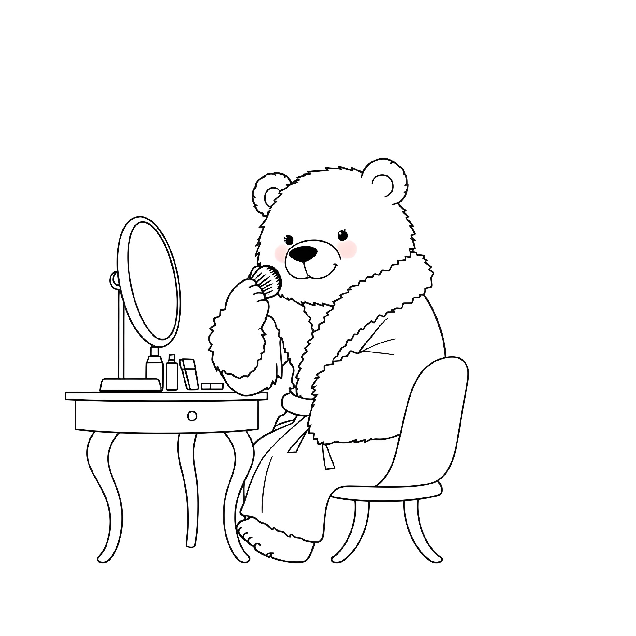 Bear applying makeup at vanity table Coloring Page (free black-and-white line drawing printable PDF for all, from beginners to advanced learners, including children, teens, adults, and seniors)