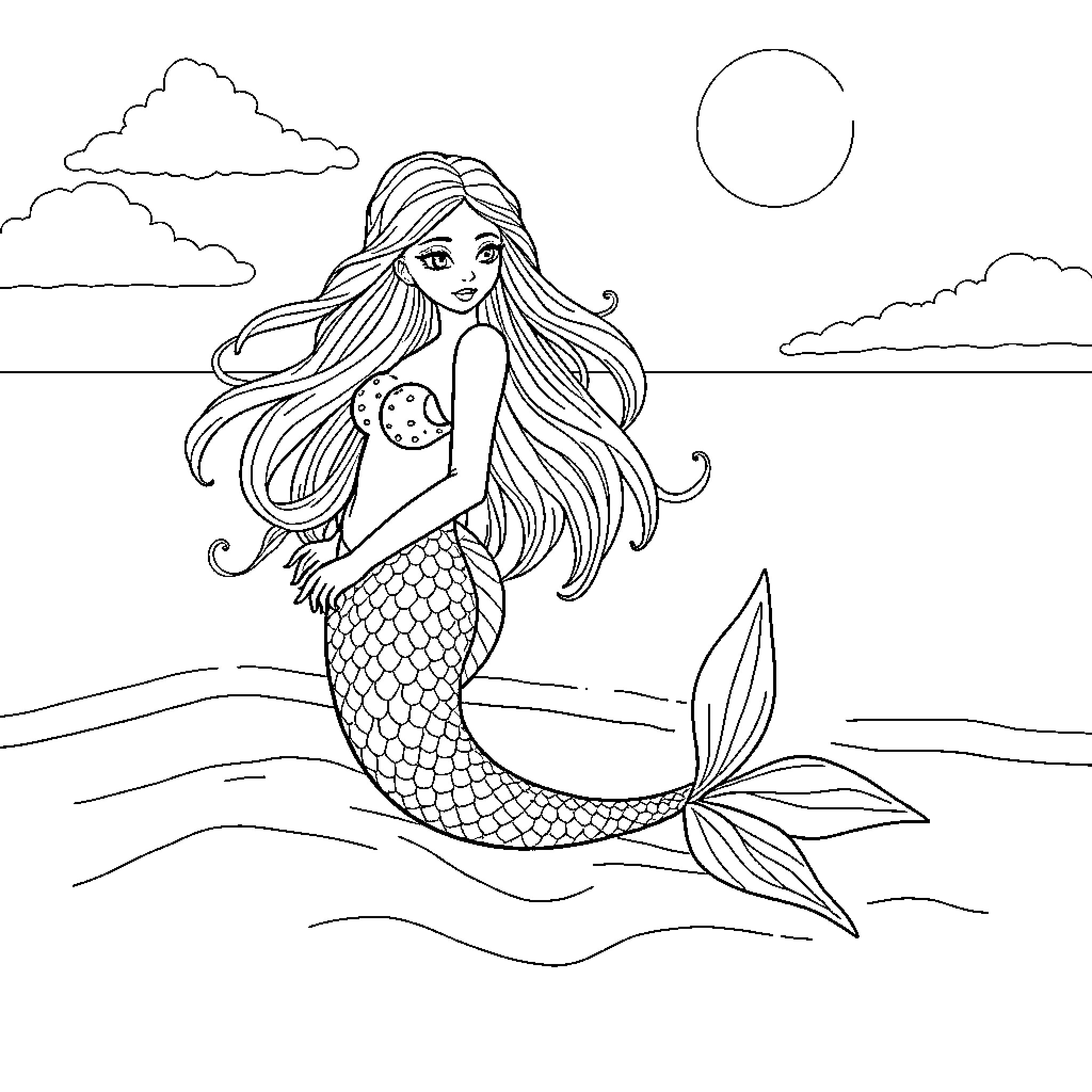 Mermaid resting peacefully in the moonlit ocean Coloring Page (free black-and-white line drawing printable PDF for all, from beginners to advanced learners, including children, teens, adults, and seniors)