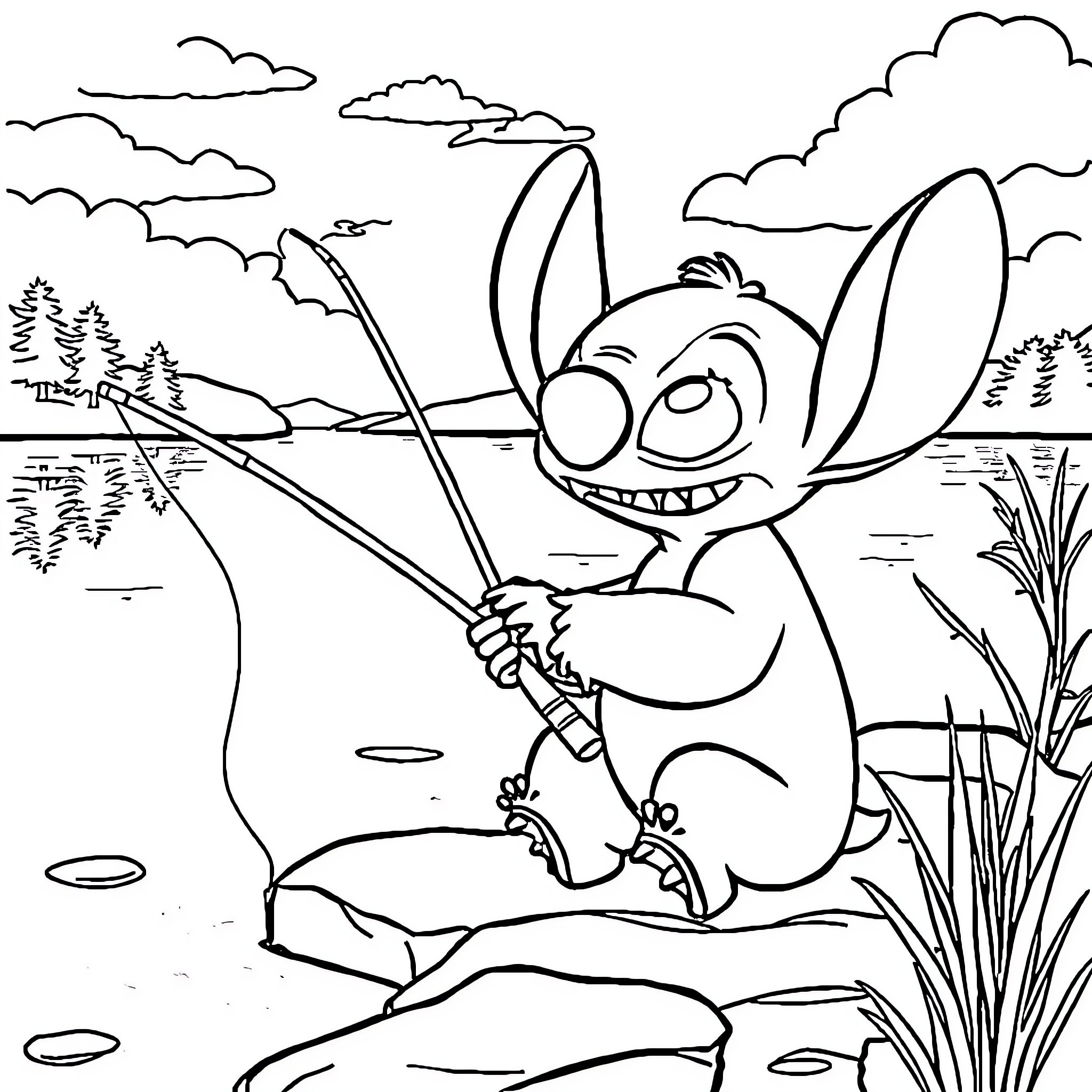 Stitch fishing happily by the lake Coloring Page (free black-and-white line drawing printable PDF for all, from beginners to advanced learners, including children, teens, adults, and seniors)