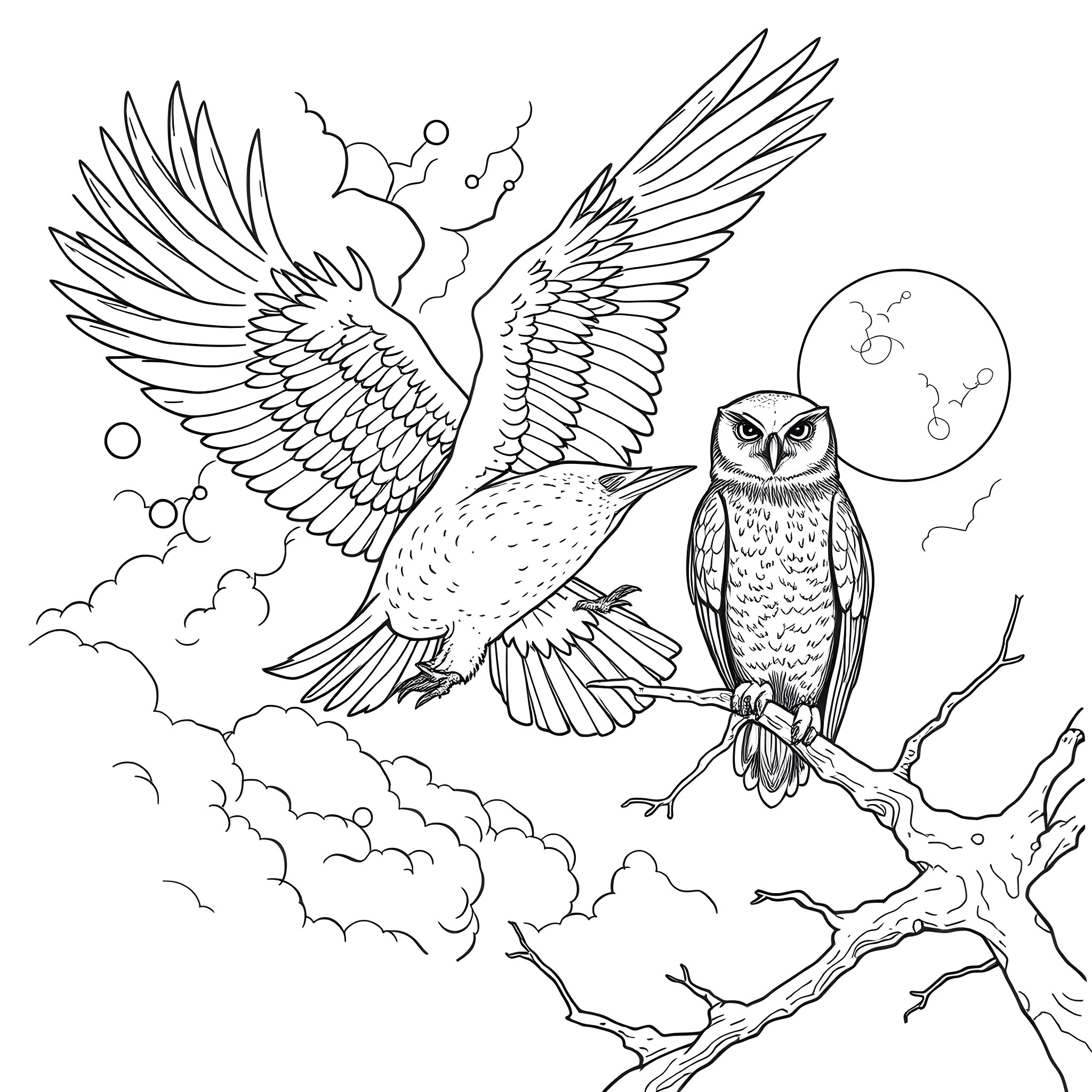 Birds flying in the cloudy sky Coloring Page (free black-and-white line drawing printable PDF for all, from beginners to advanced learners, including children, teens, adults, and seniors)