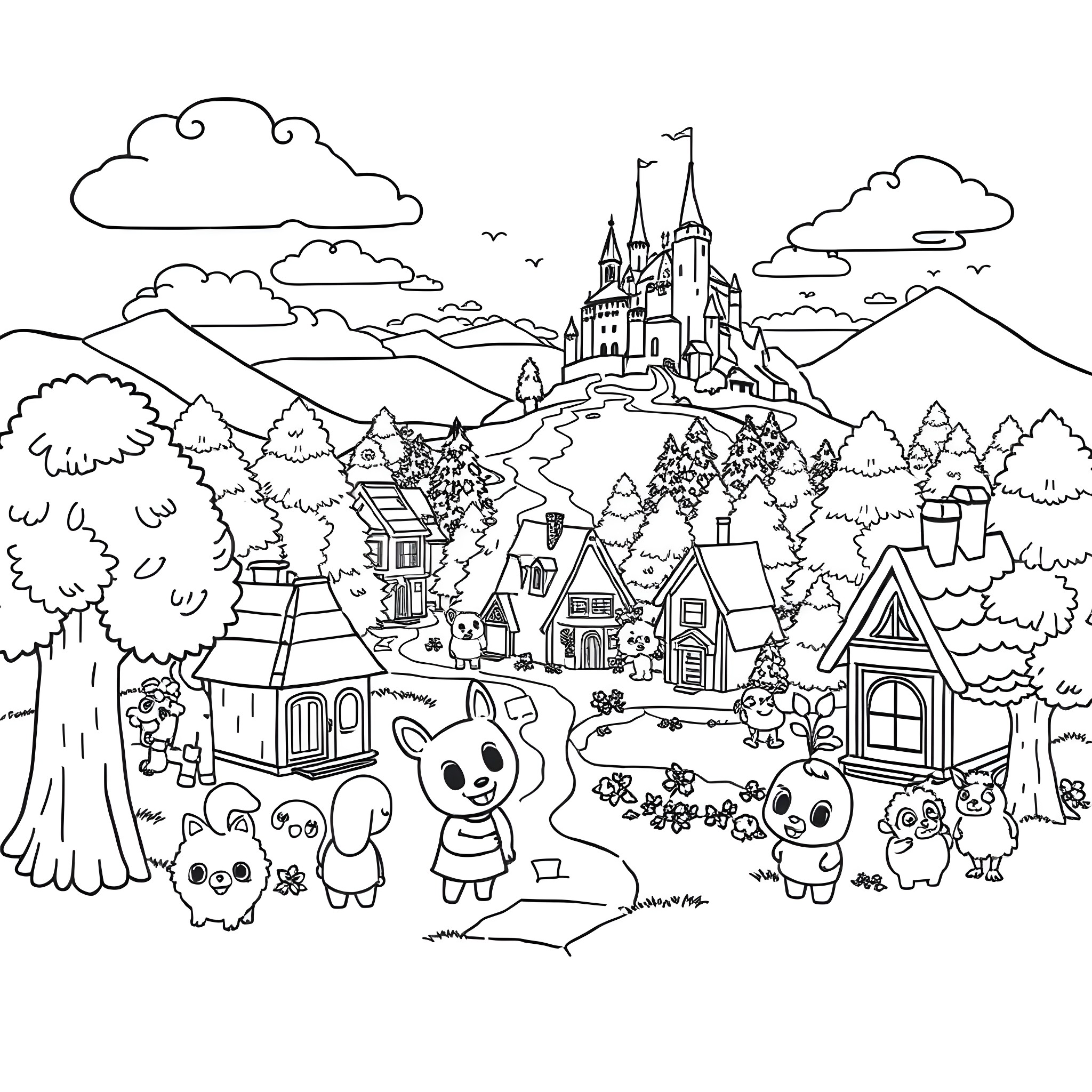 Animal Crossing: Charming Village in Wonderland Coloring Page (free black-and-white line drawing printable PDF for all, from beginners to advanced learners, including children, teens, adults, and seniors)