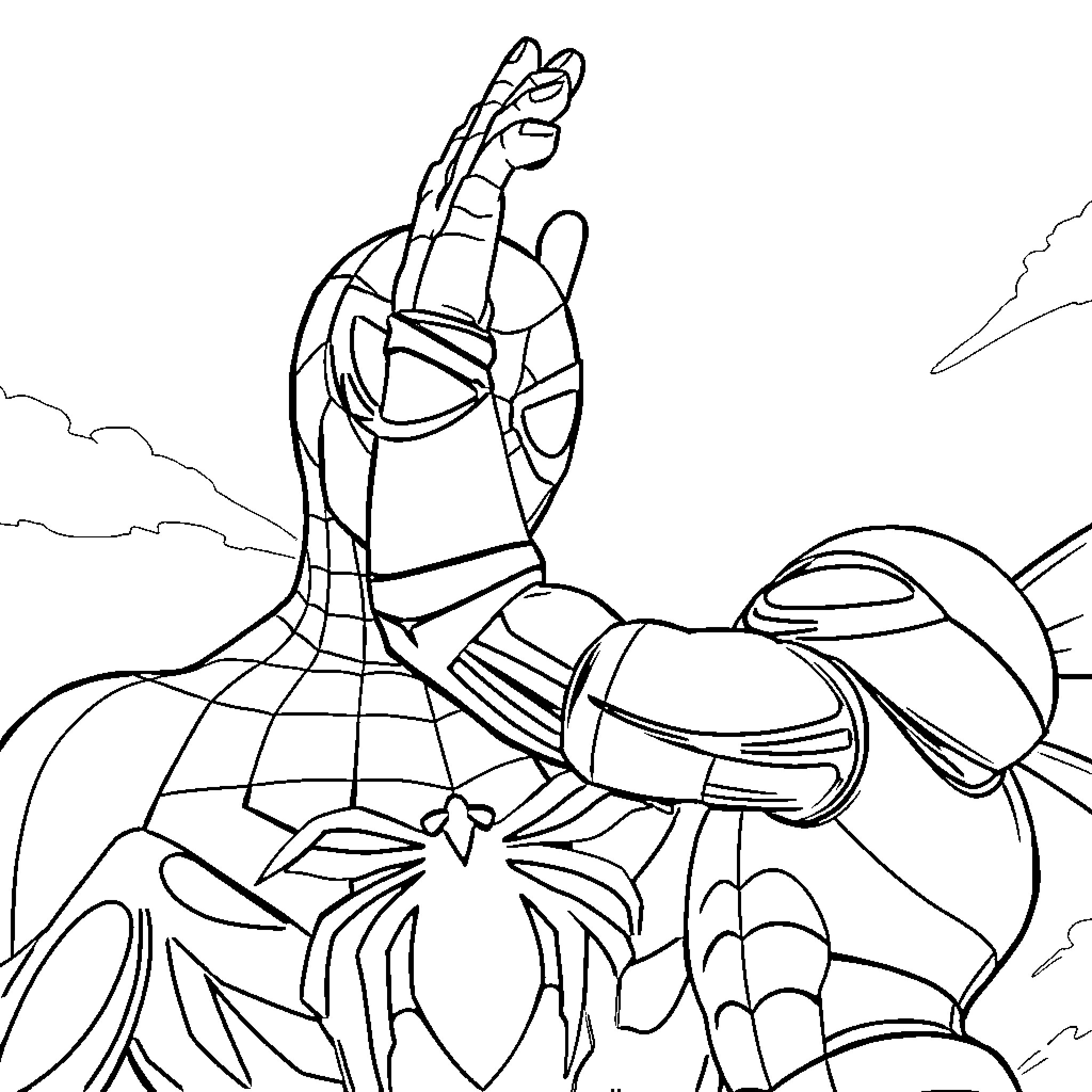 Spiderman facing a formidable foe in battle Coloring Page (free black-and-white line drawing printable PDF for all, from beginners to advanced learners, including children, teens, adults, and seniors)