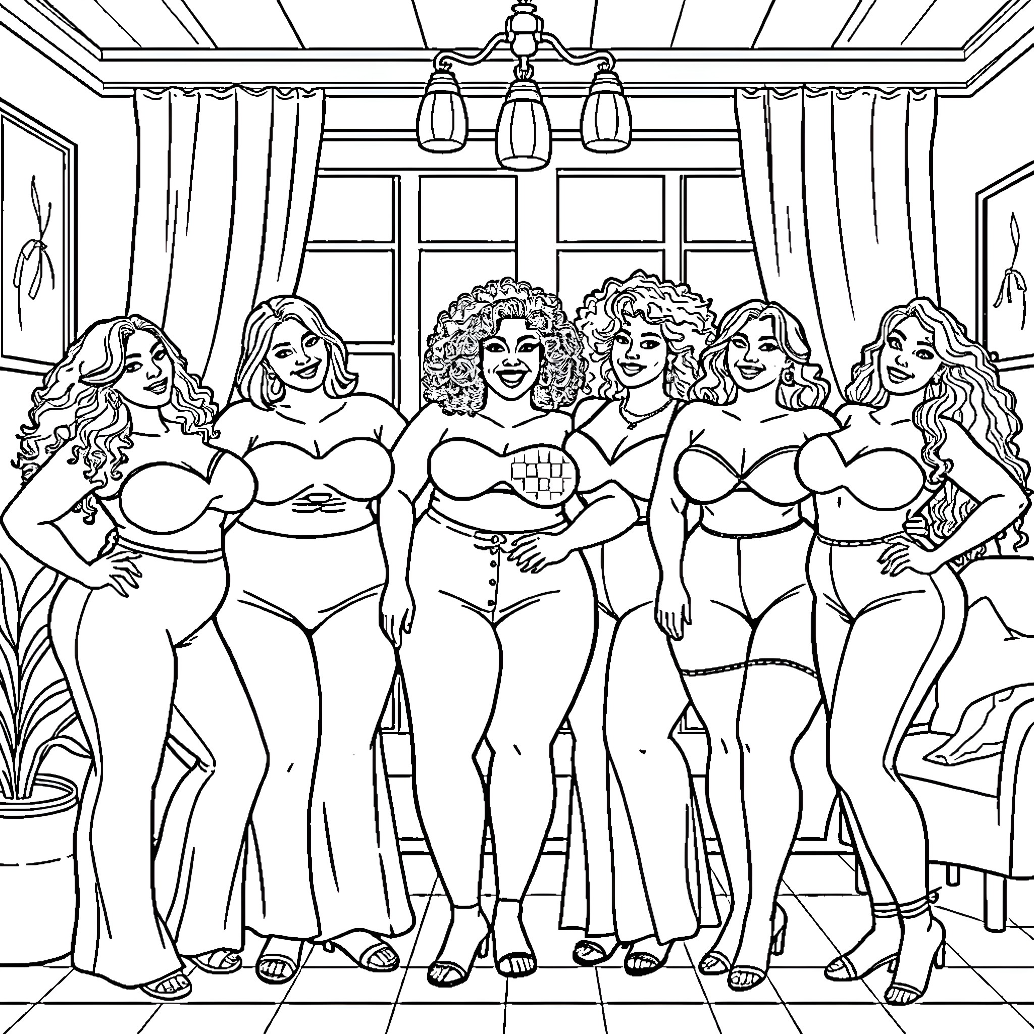 Woman posing confidently with friends in stylish attire Coloring Page (free black-and-white line drawing printable PDF for all, from beginners to advanced learners, including children, teens, adults, and seniors)