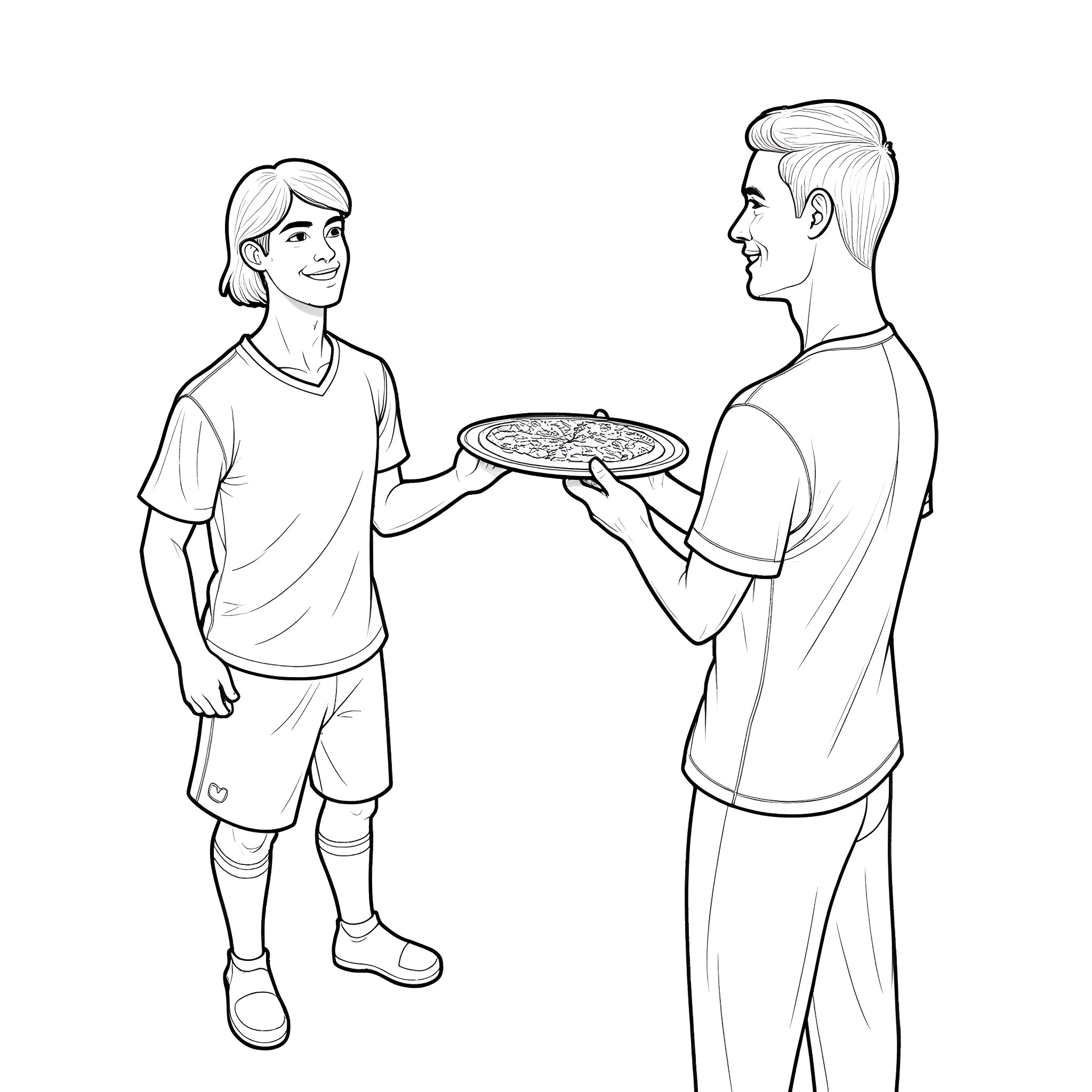 Ronaldo sharing a pizza with a friend Coloring Page (free black-and-white line drawing printable PDF for all, from beginners to advanced learners, including children, teens, adults, and seniors)