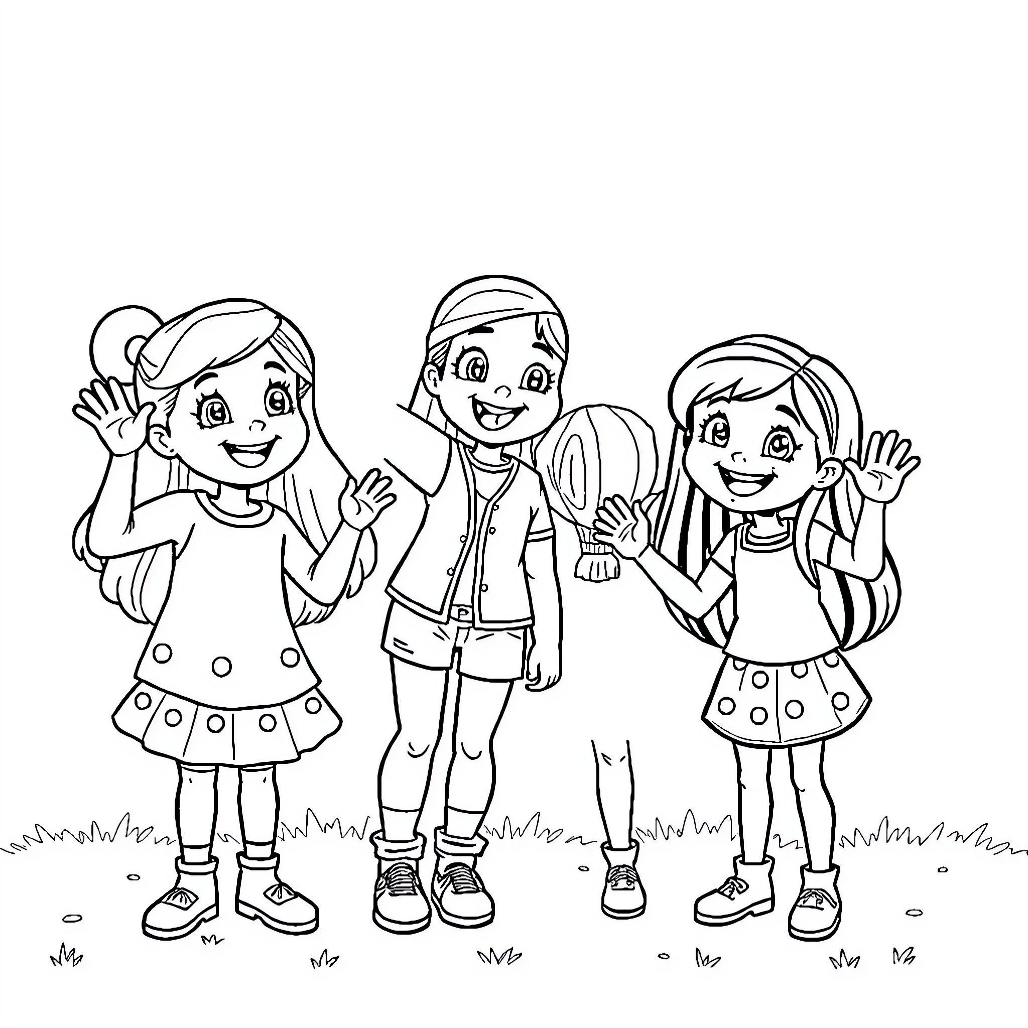 Gabby and friends waving and smiling happily Coloring Page (free black-and-white line drawing printable PDF for all, from beginners to advanced learners, including children, teens, adults, and seniors)