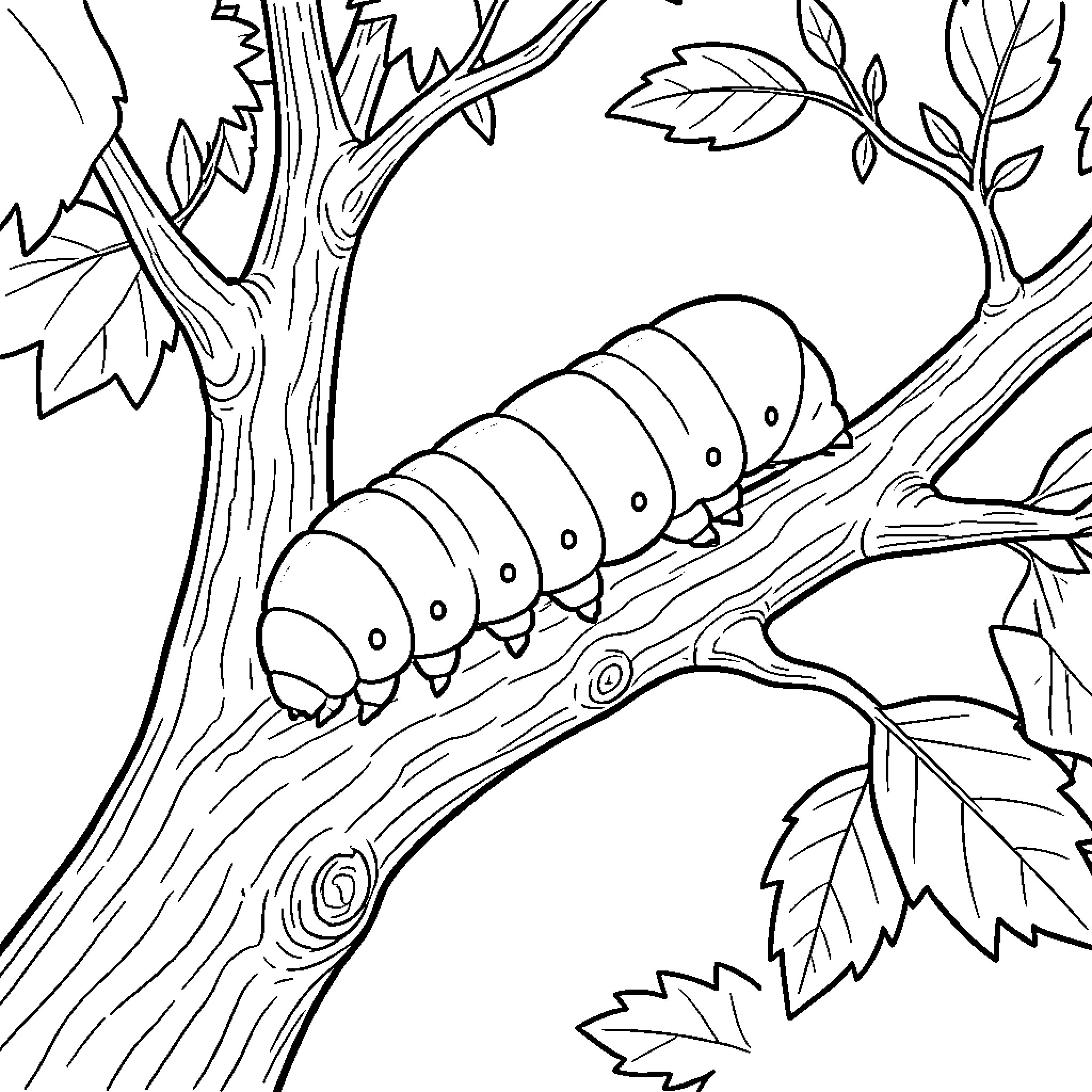 Caterpillar crawling along a tree branch Coloring Page (free black-and-white line drawing printable PDF for all, from beginners to advanced learners, including children, teens, adults, and seniors)