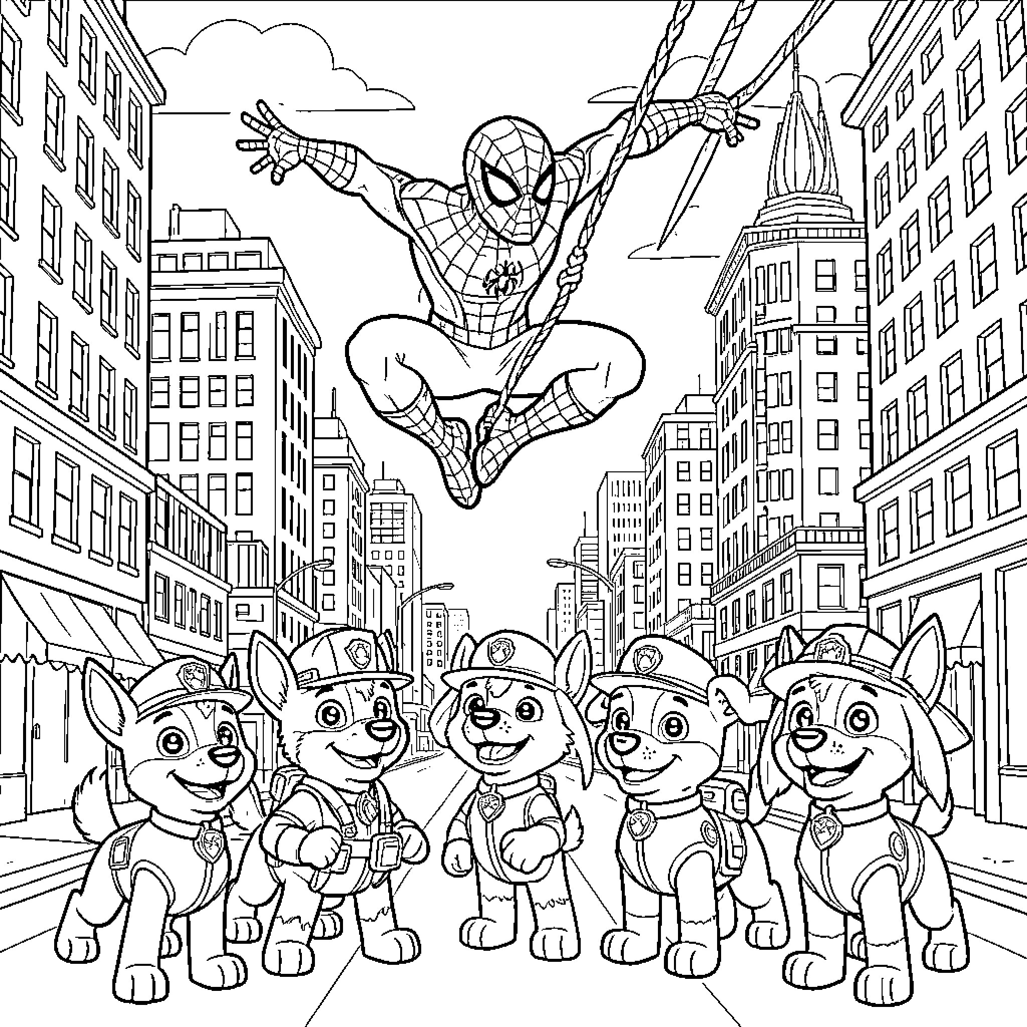 Spiderman swinging through the city above friendly pups Coloring Page (free black-and-white line drawing printable PDF for all, from beginners to advanced learners, including children, teens, adults, and seniors)