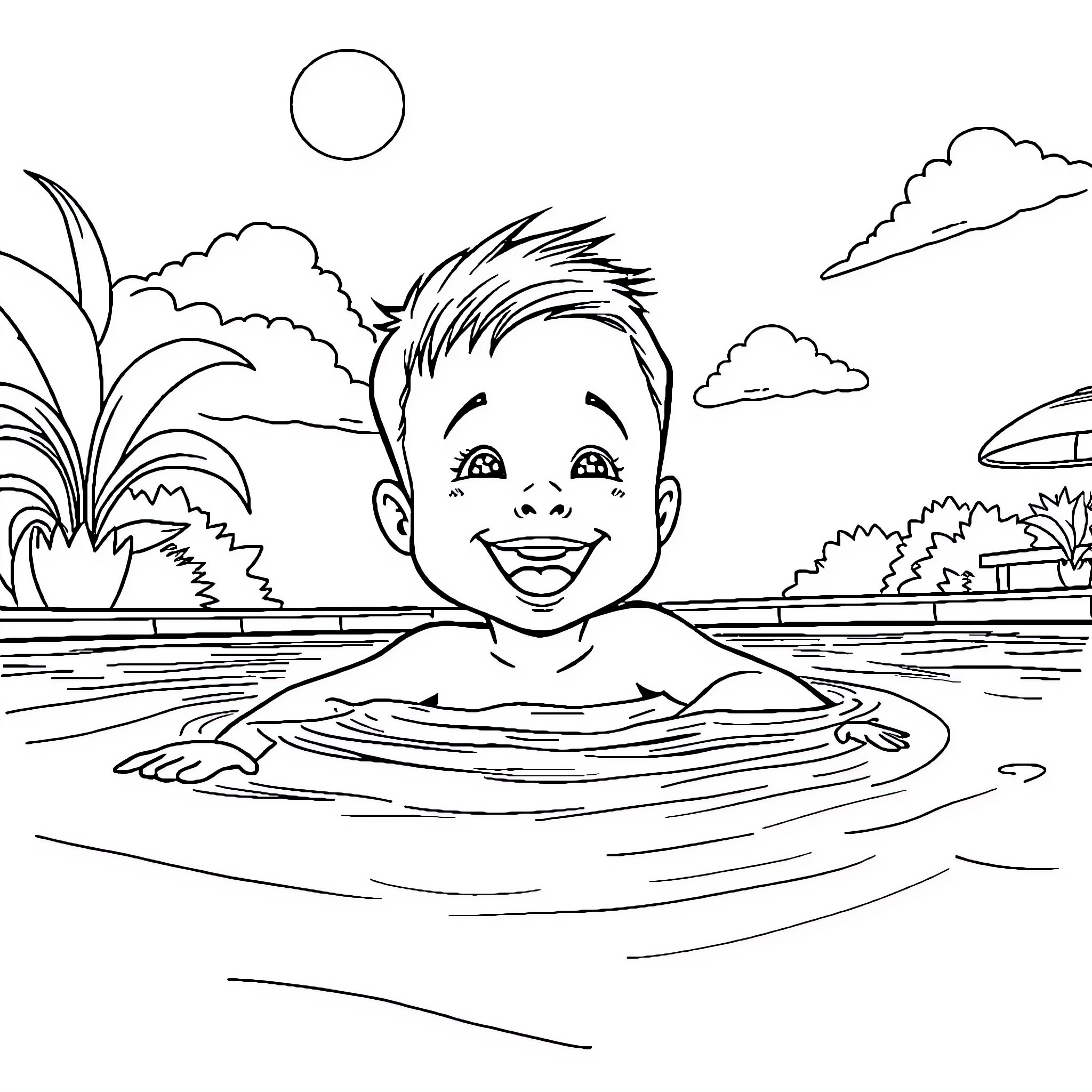 Boy happily swimming in a pool on a sunny day Coloring Page (free black-and-white line drawing printable PDF for all, from beginners to advanced learners, including children, teens, adults, and seniors)