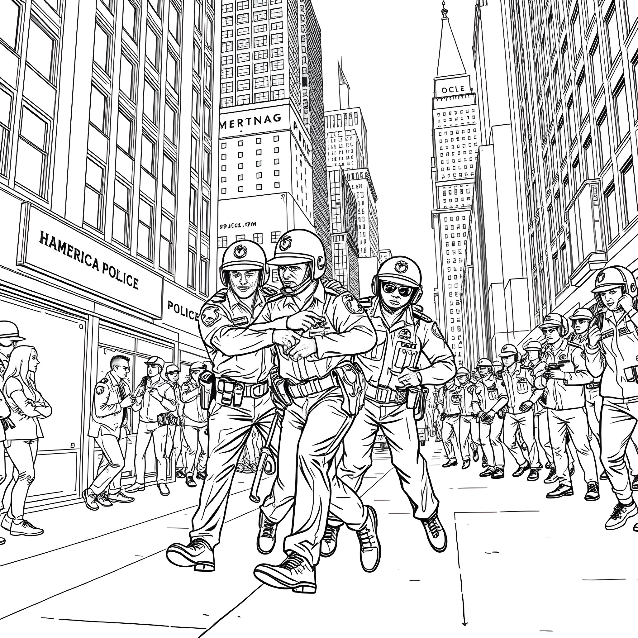 Police Officers Mobilizing in City Street Coloring Page (free black-and-white line drawing printable PDF for all, from beginners to advanced learners, including children, teens, adults, and seniors)