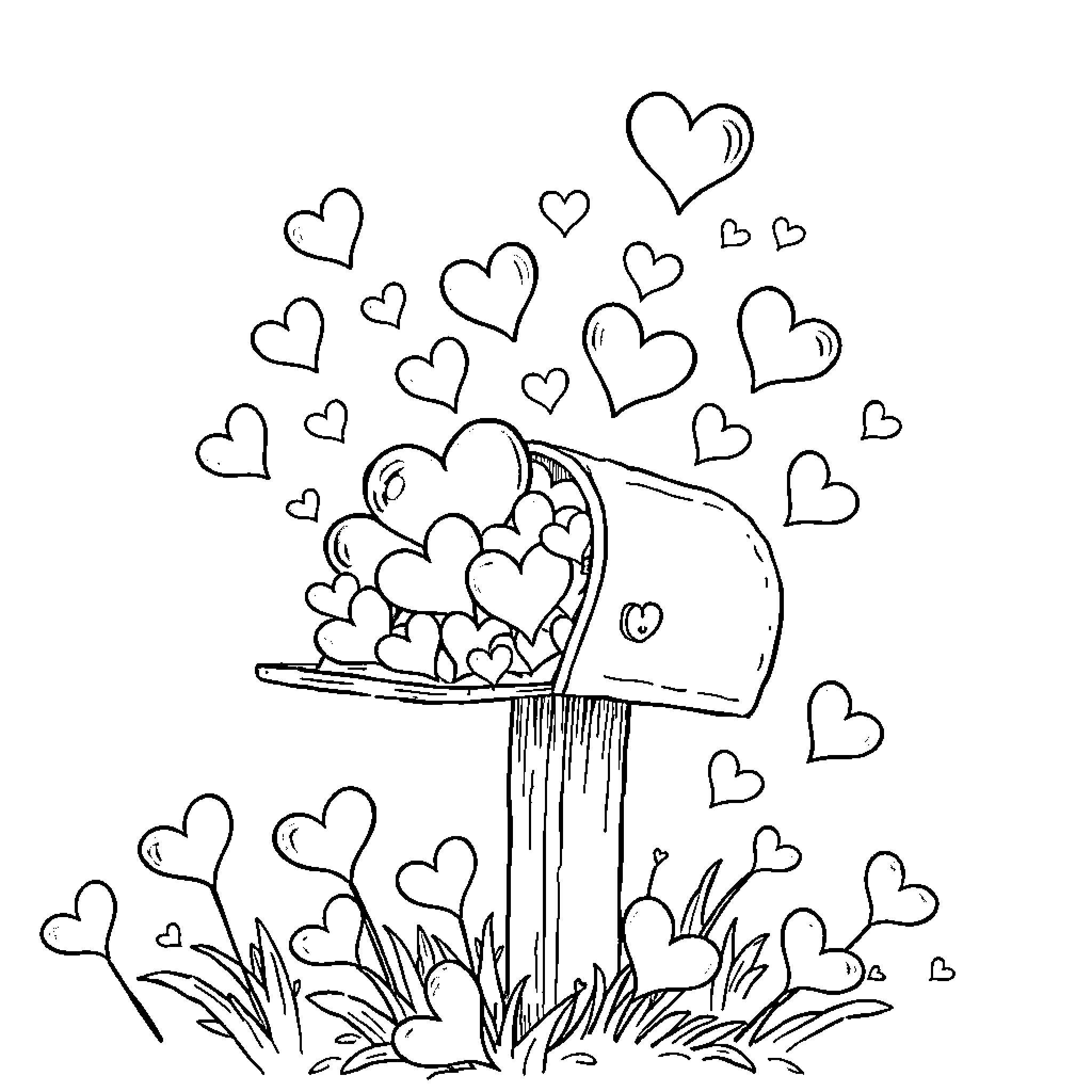 Mailbox overflowing with hearts Coloring Page (free black-and-white line drawing printable PDF for all, from beginners to advanced learners, including children, teens, adults, and seniors)