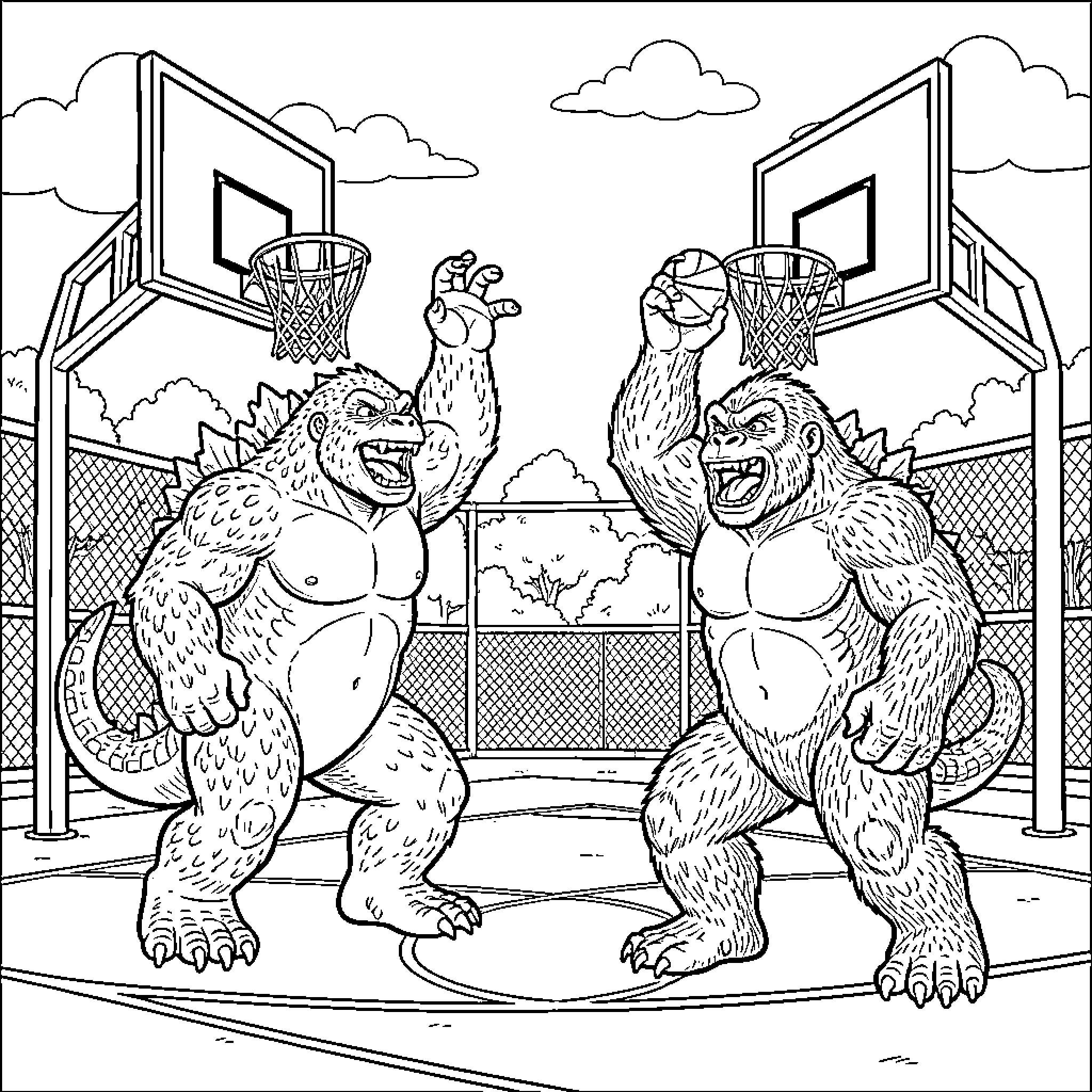 Godzilla's basketball game in the park Coloring Page (free black-and-white line drawing printable PDF for all, from beginners to advanced learners, including children, teens, adults, and seniors)