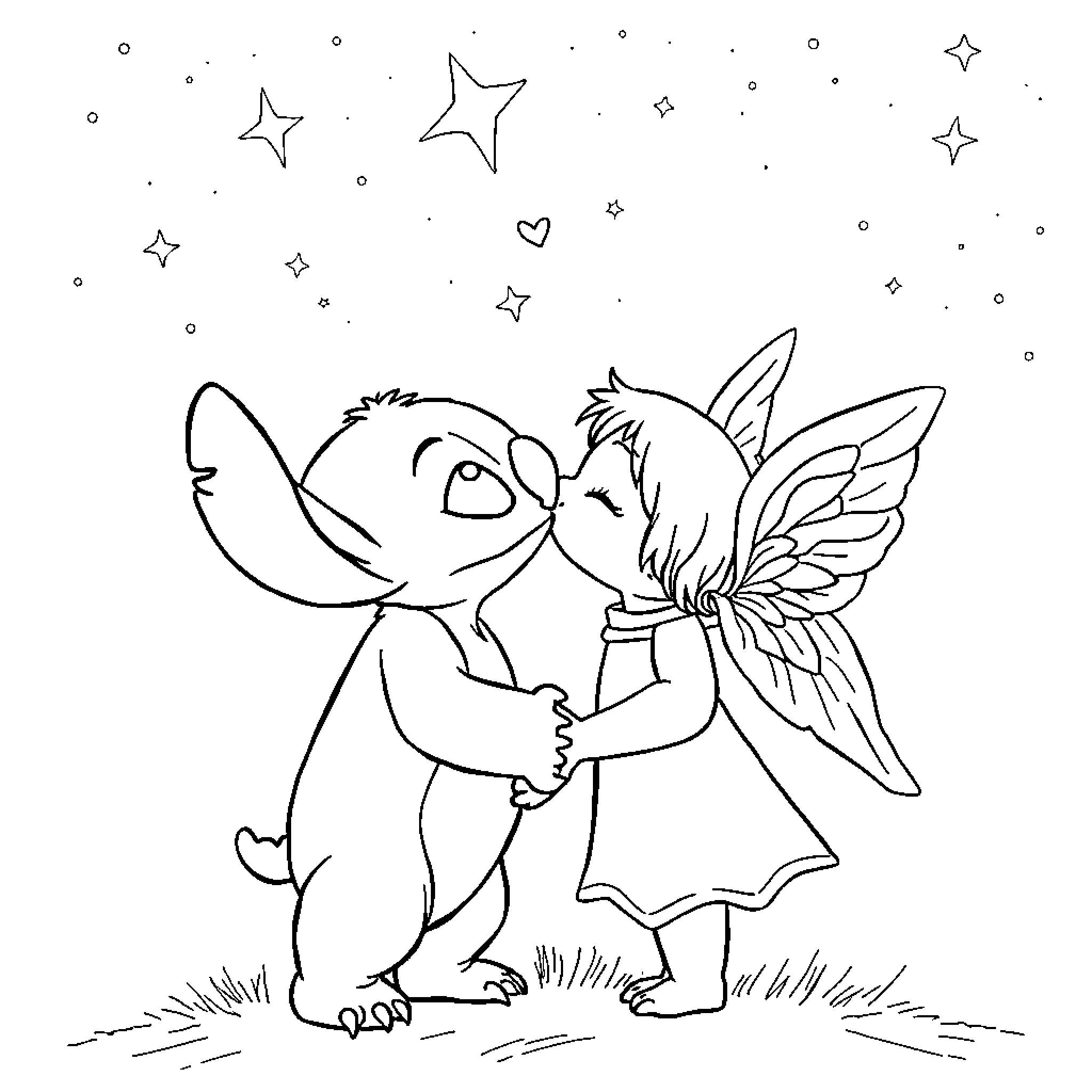 Stitch and Angel dancing under the stars Coloring Page (free black-and-white line drawing printable PDF for all, from beginners to advanced learners, including children, teens, adults, and seniors)