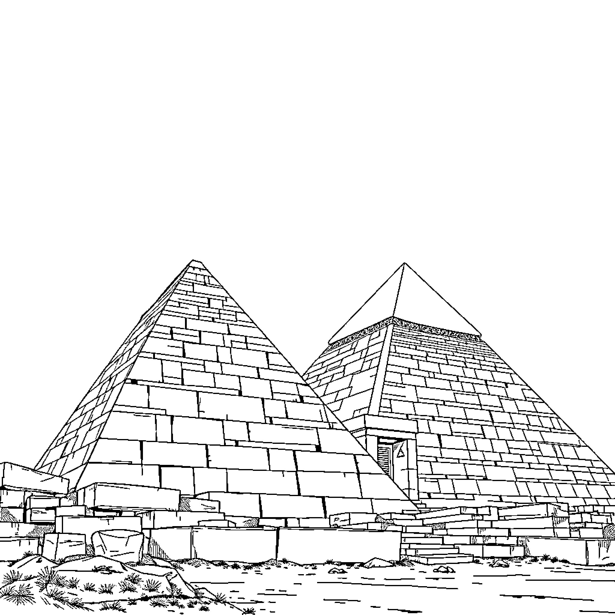 Pyramid with Desert Landscape Coloring Page (free black-and-white line drawing printable PDF for all, from beginners to advanced learners, including children, teens, adults, and seniors)