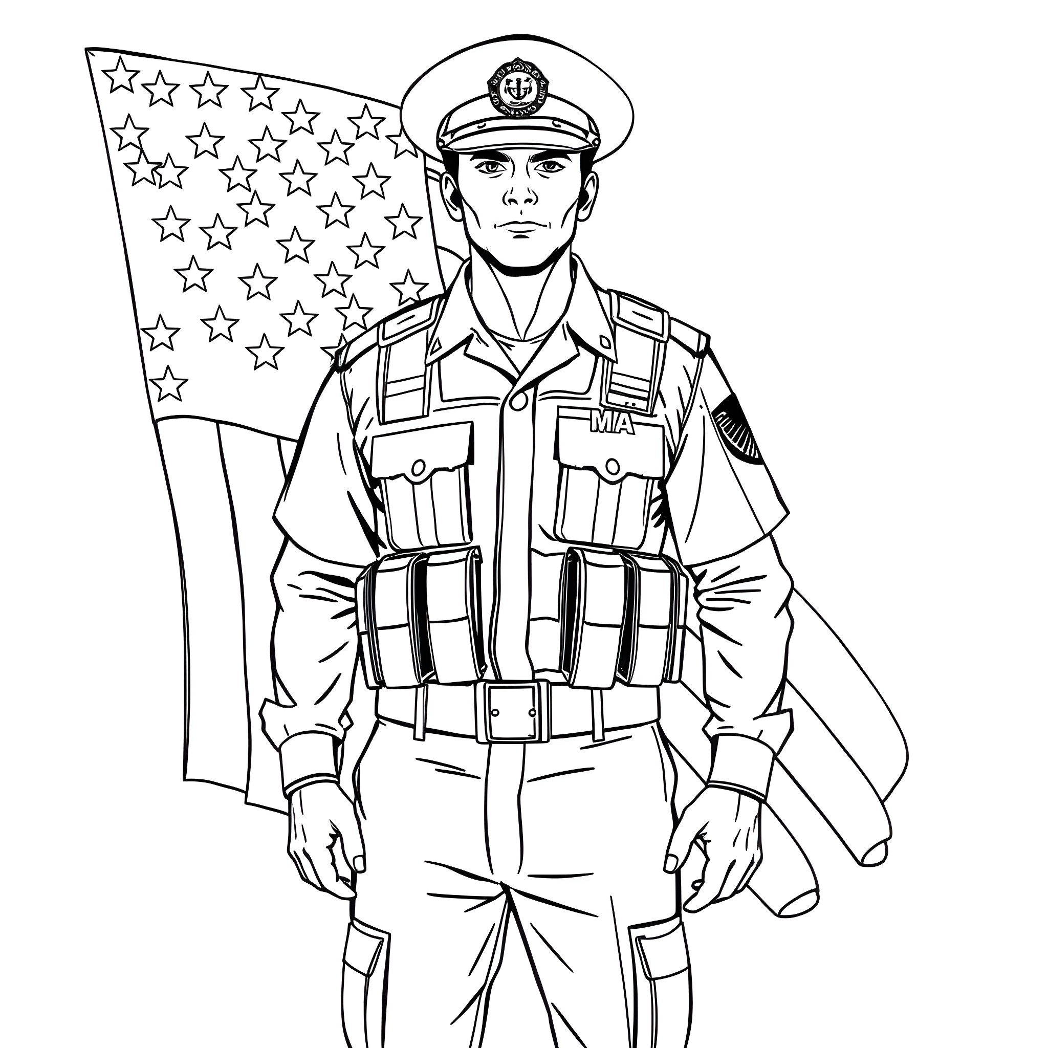 Navy Master at Arms in Uniform with American Flag Coloring Page (free black-and-white line drawing printable PDF for all, from beginners to advanced learners, including children, teens, adults, and seniors)