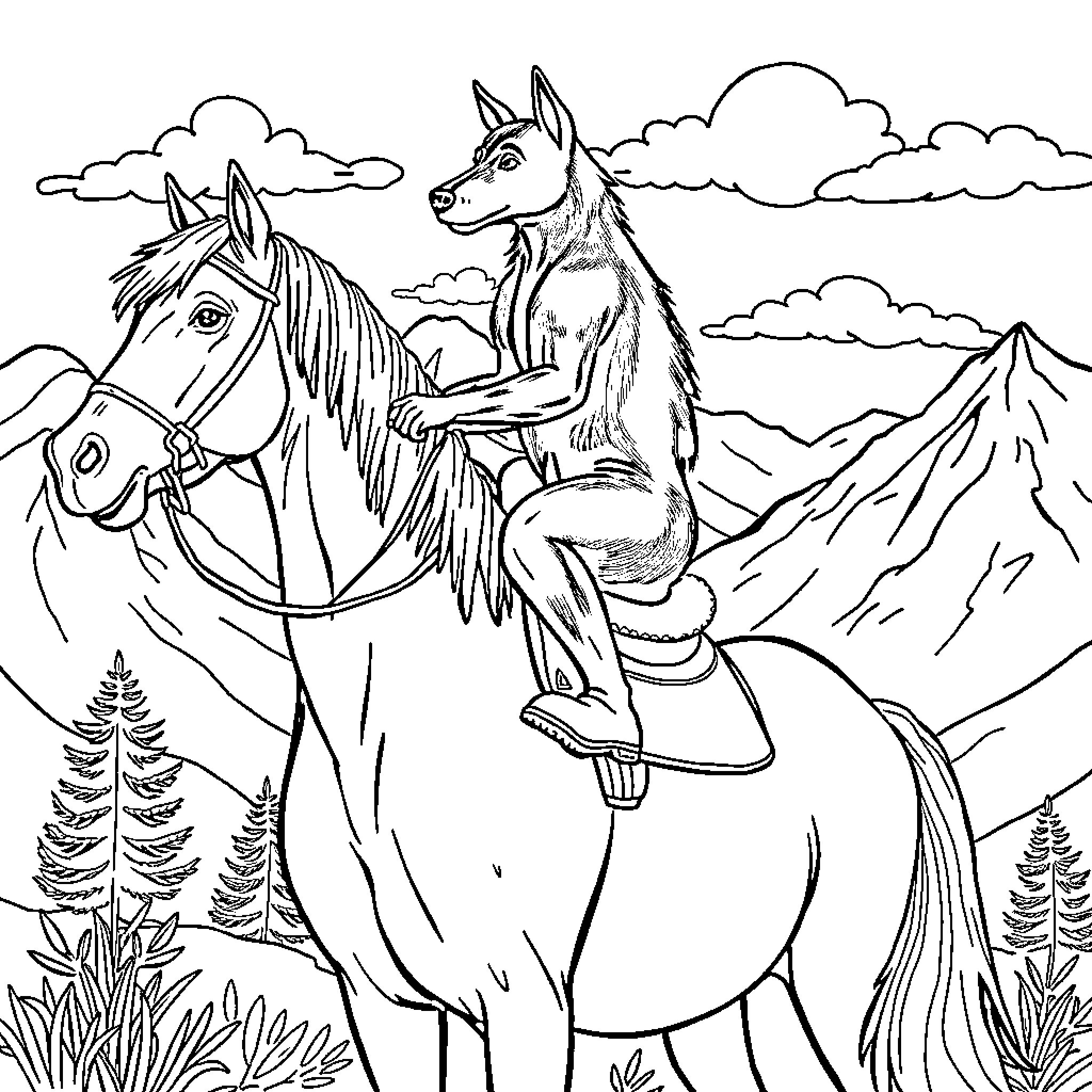 Perro riding horse through mountain landscape Coloring Page (free black-and-white line drawing printable PDF for all, from beginners to advanced learners, including children, teens, adults, and seniors)