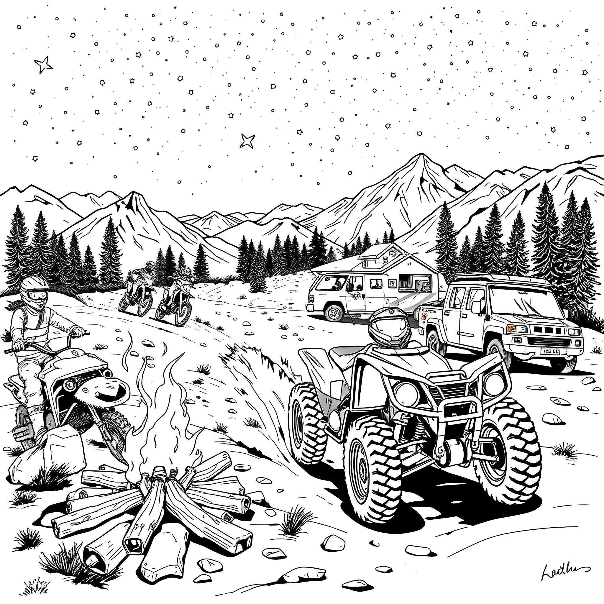 Dirt Bike Adventure in the Mountains Coloring Page (free black-and-white line drawing printable PDF for all, from beginners to advanced learners, including children, teens, adults, and seniors)