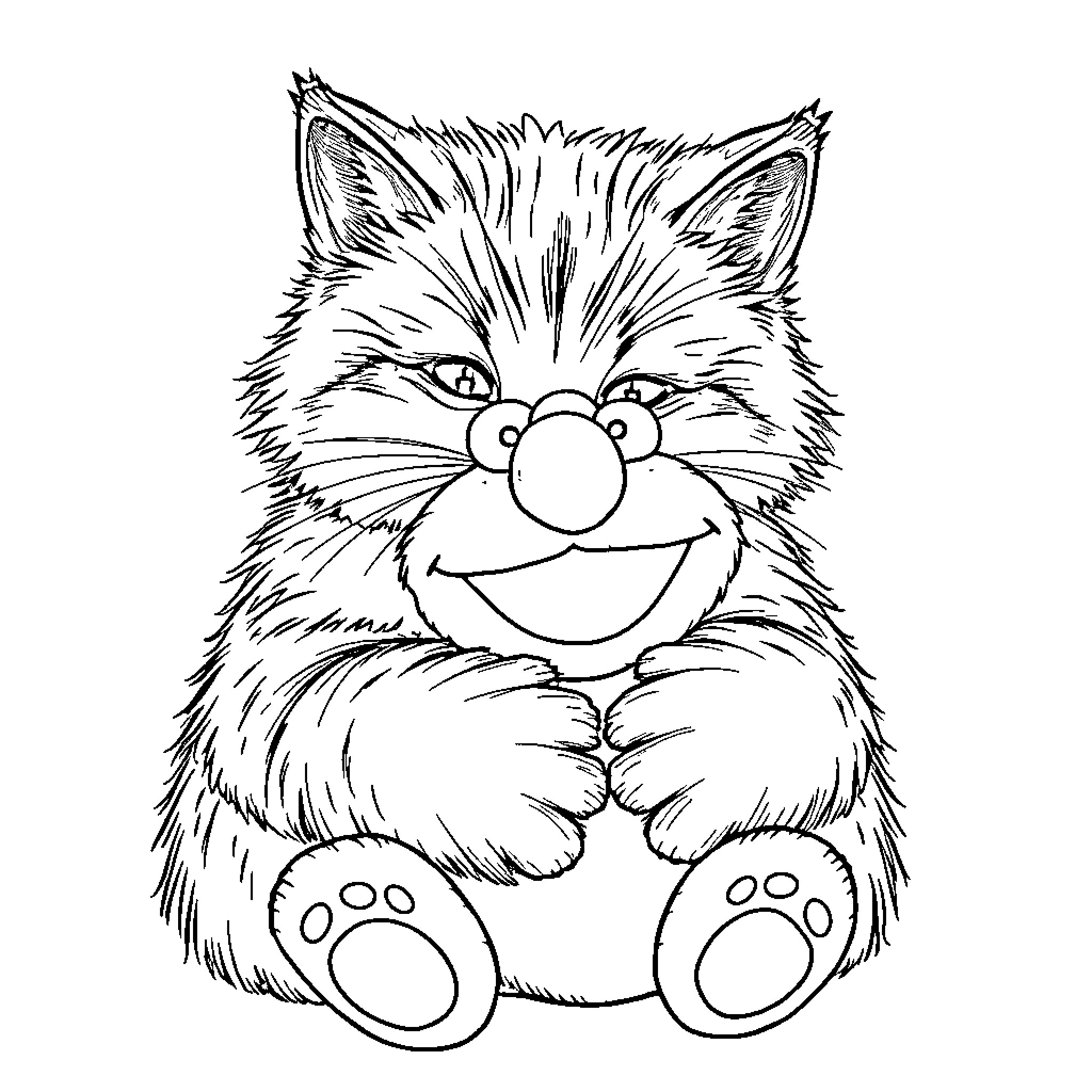 Cat Plush Toy with Big Smile Coloring Page (free black-and-white line drawing printable PDF for all, from beginners to advanced learners, including children, teens, adults, and seniors)