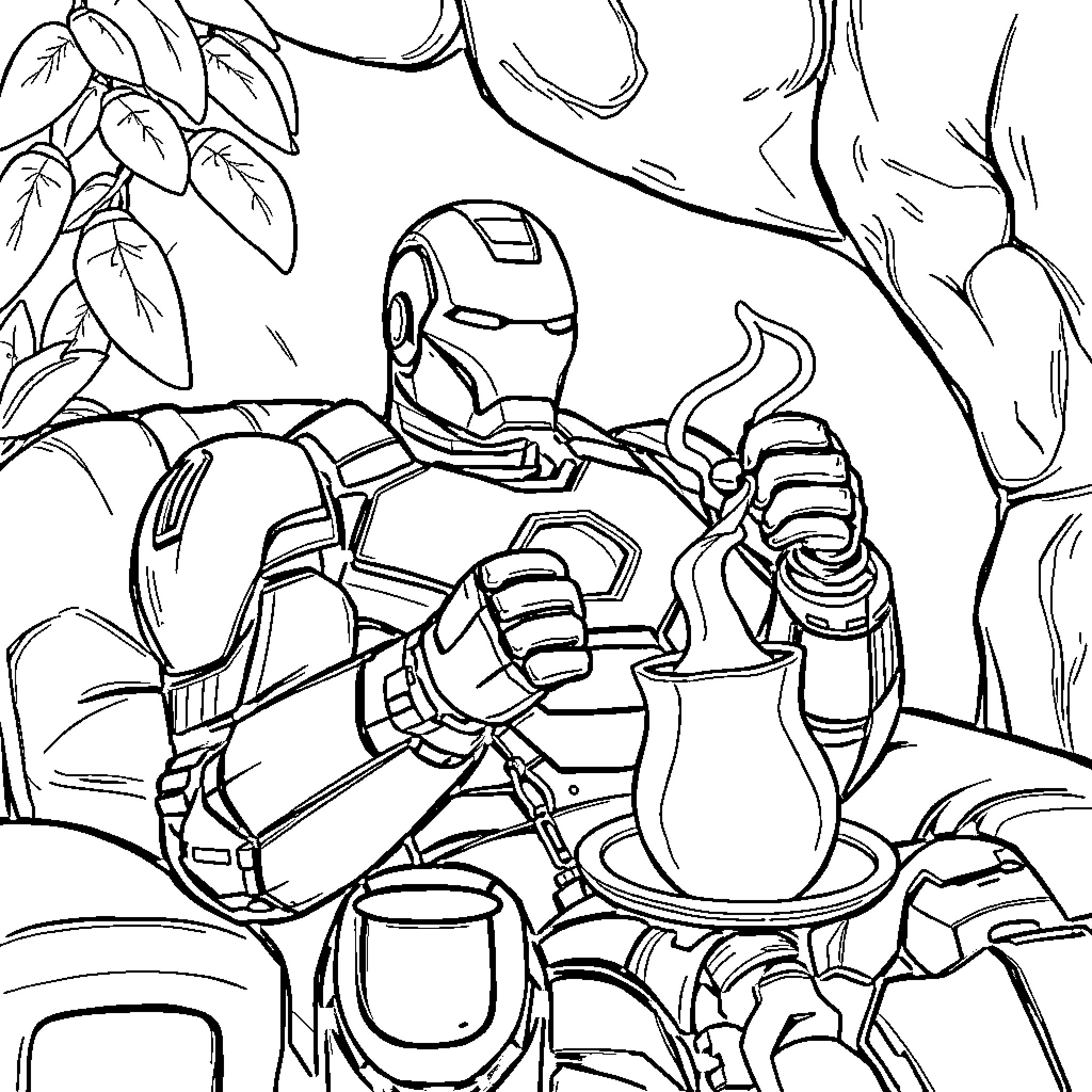 Iron Man relaxing in nature's embrace Coloring Page (free black-and-white line drawing printable PDF for all, from beginners to advanced learners, including children, teens, adults, and seniors)