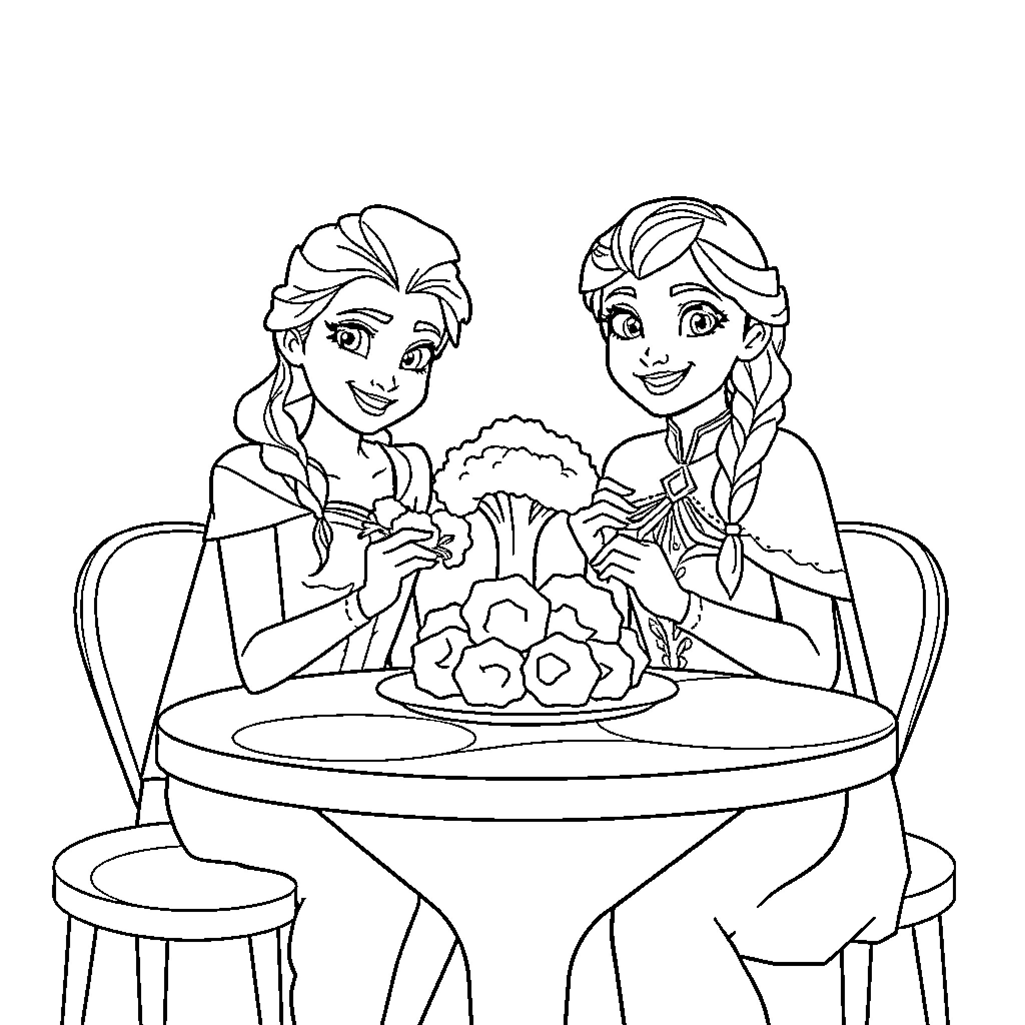 Elsa and Anna enjoying a floral tea party Coloring Page (free black-and-white line drawing printable PDF for all, from beginners to advanced learners, including children, teens, adults, and seniors)