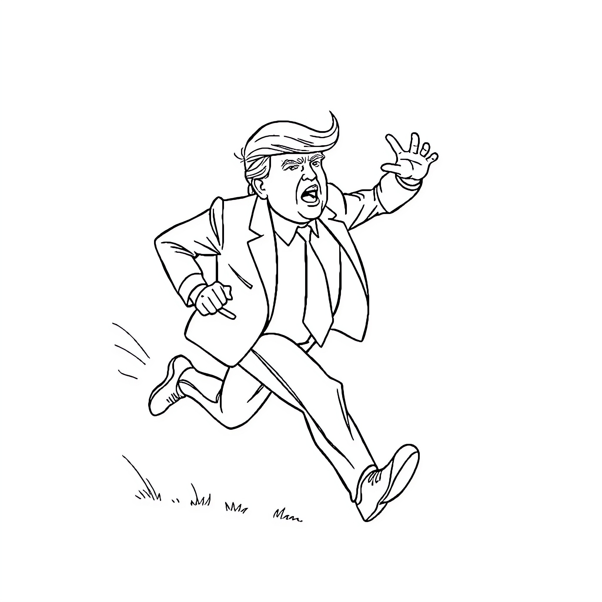 Trump making a triumphant gesture while running Coloring Page (free black-and-white line drawing printable PDF for all, from beginners to advanced learners, including children, teens, adults, and seniors)