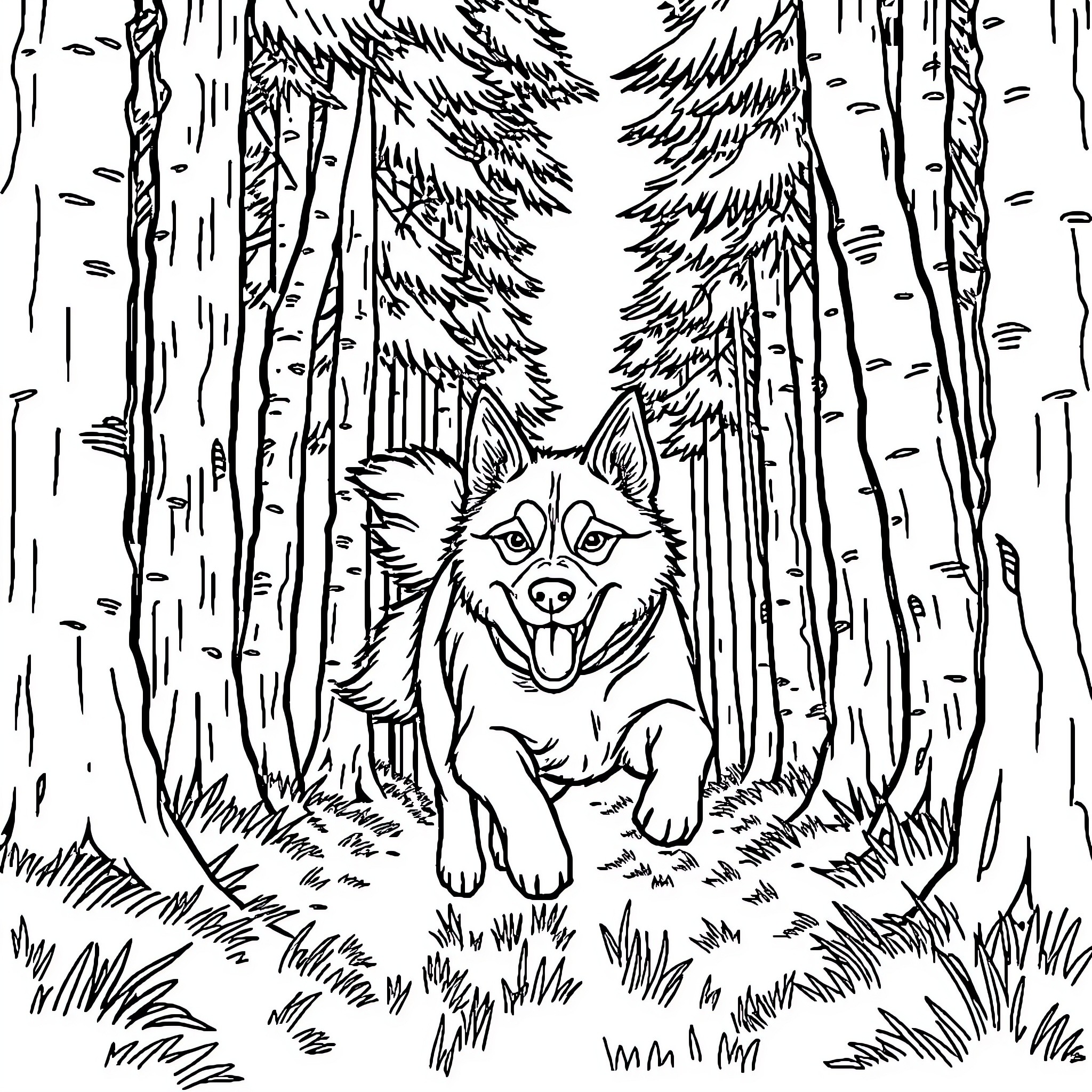 Husky enjoying the forest scenery Coloring Page (free black-and-white line drawing printable PDF for all, from beginners to advanced learners, including children, teens, adults, and seniors)