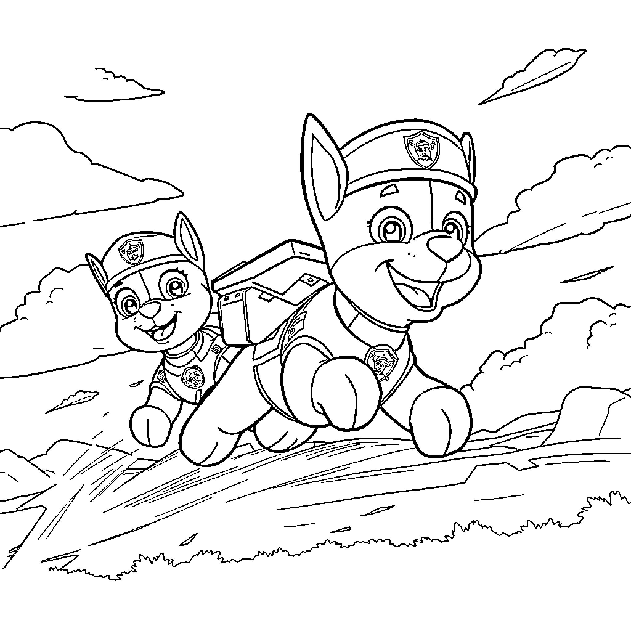 Rider pups on patrol in the wilderness Coloring Page (free black-and-white line drawing printable PDF for all, from beginners to advanced learners, including children, teens, adults, and seniors)
