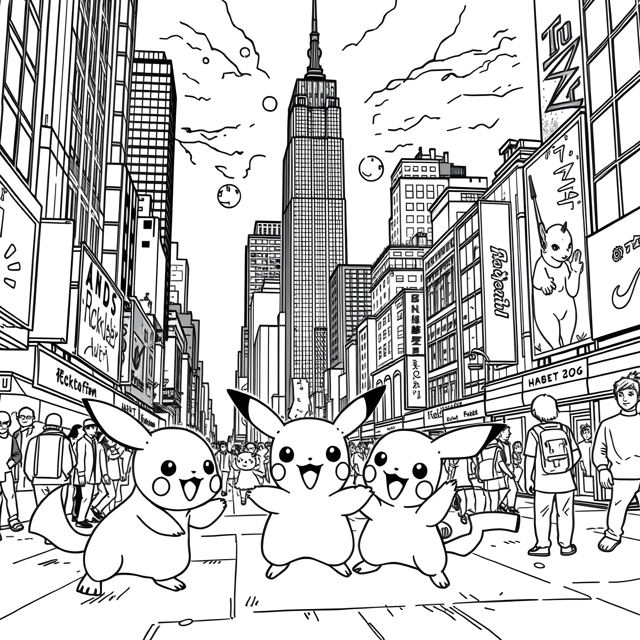 Pokémon characters in a bustling city street scene Coloring Page (free black-and-white line drawing printable PDF for all, from beginners to advanced learners, including children, teens, adults, and seniors)