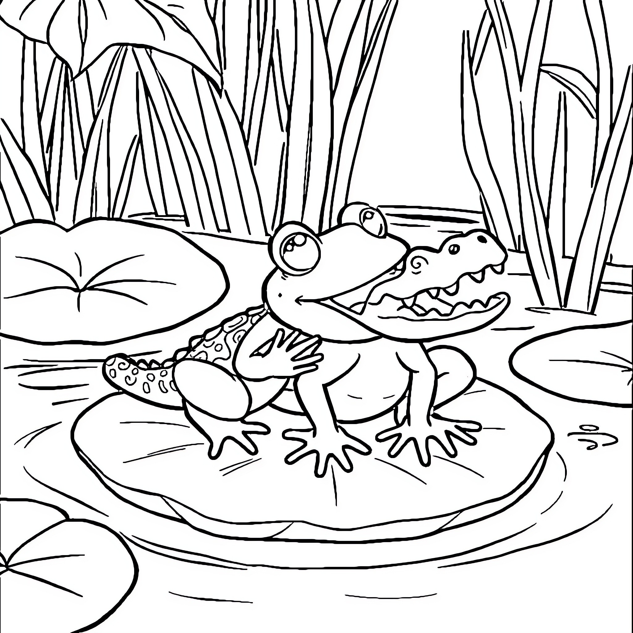 Frog Resting on Lily Pad in Pond Coloring Page (free black-and-white line drawing printable PDF for all, from beginners to advanced learners, including children, teens, adults, and seniors)