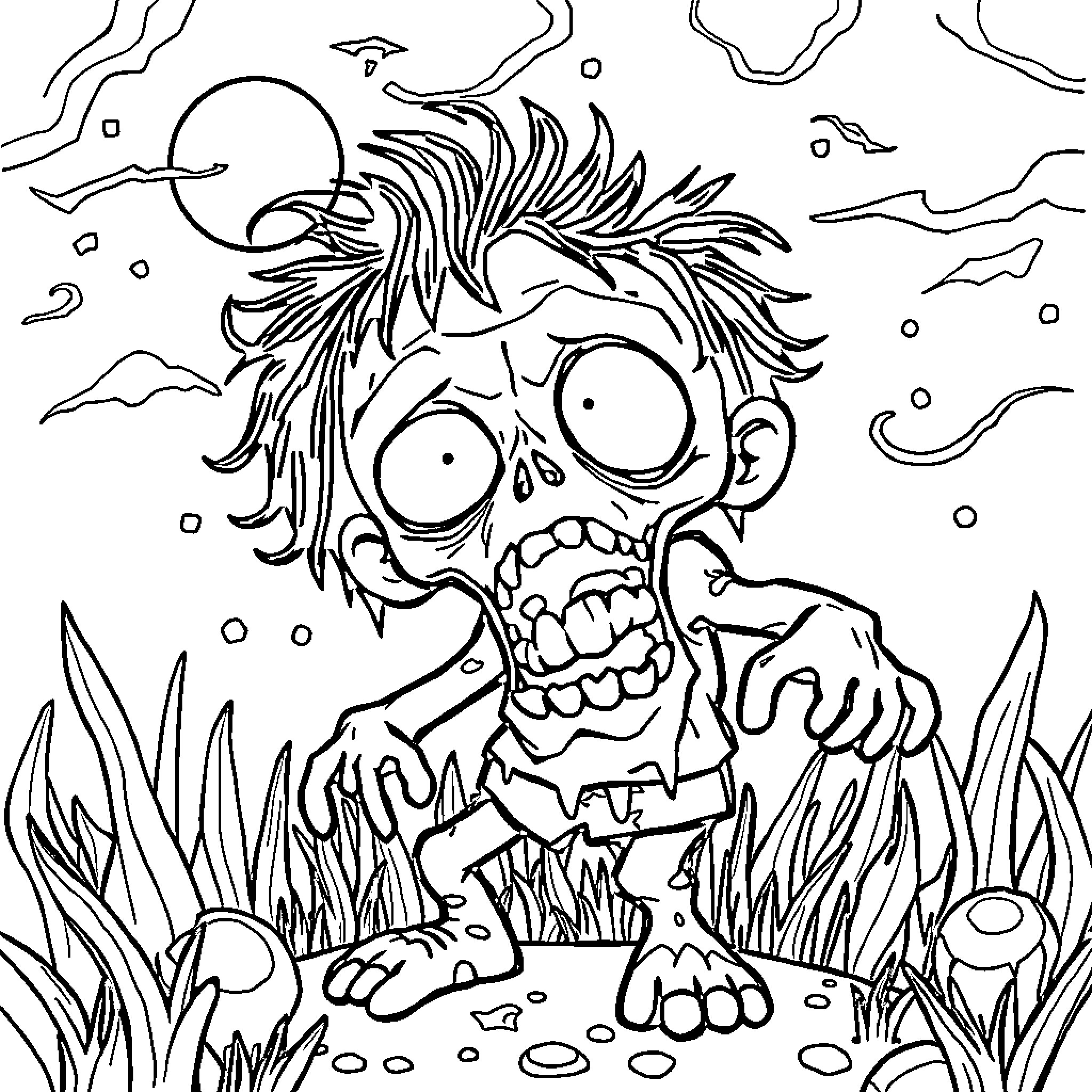 Zombie Boy Emerges from Eerie Landscape Coloring Page (free black-and-white line drawing printable PDF for all, from beginners to advanced learners, including children, teens, adults, and seniors)