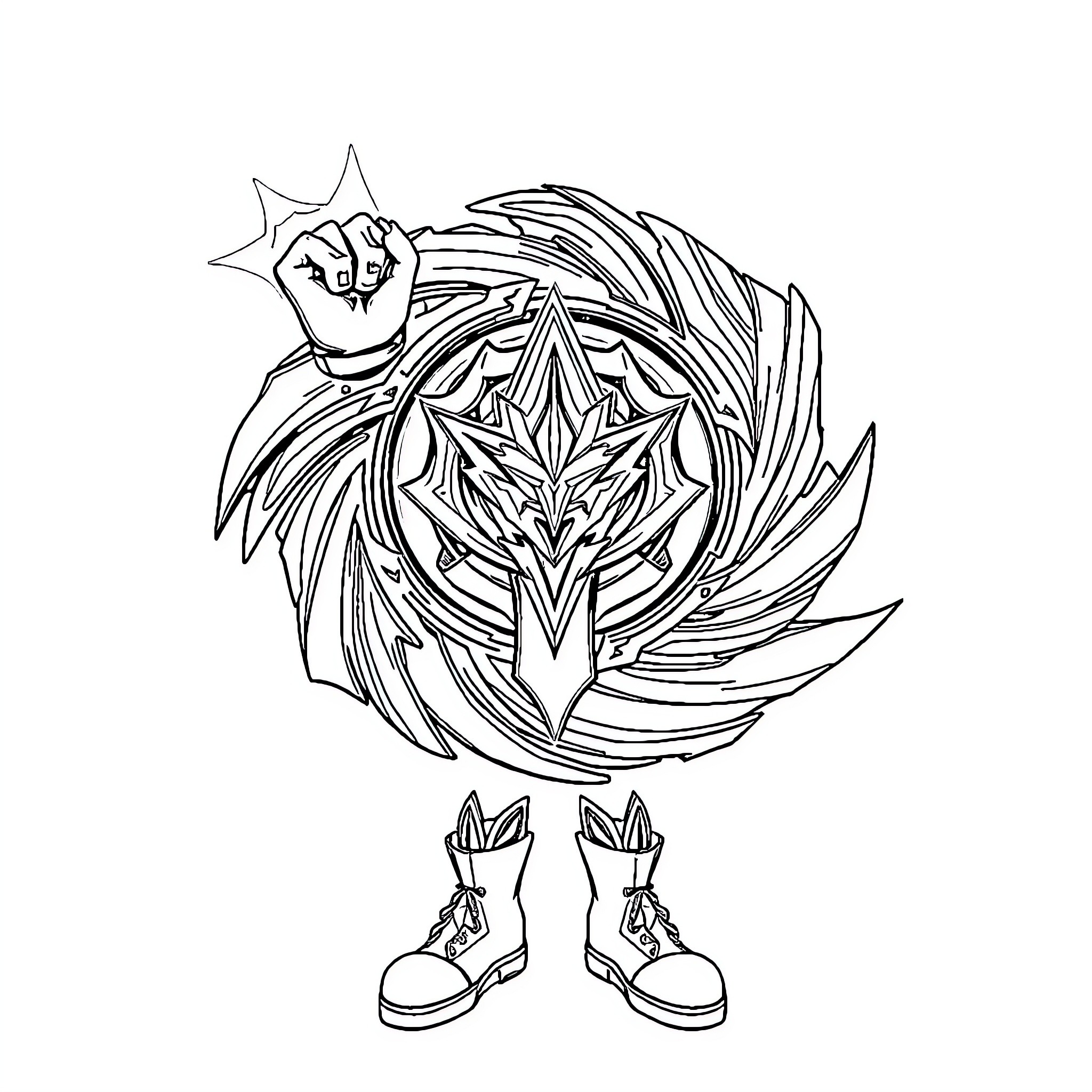 Beyblade featuring dynamic character and accessories Coloring Page (free black-and-white line drawing printable PDF for all, from beginners to advanced learners, including children, teens, adults, and seniors)