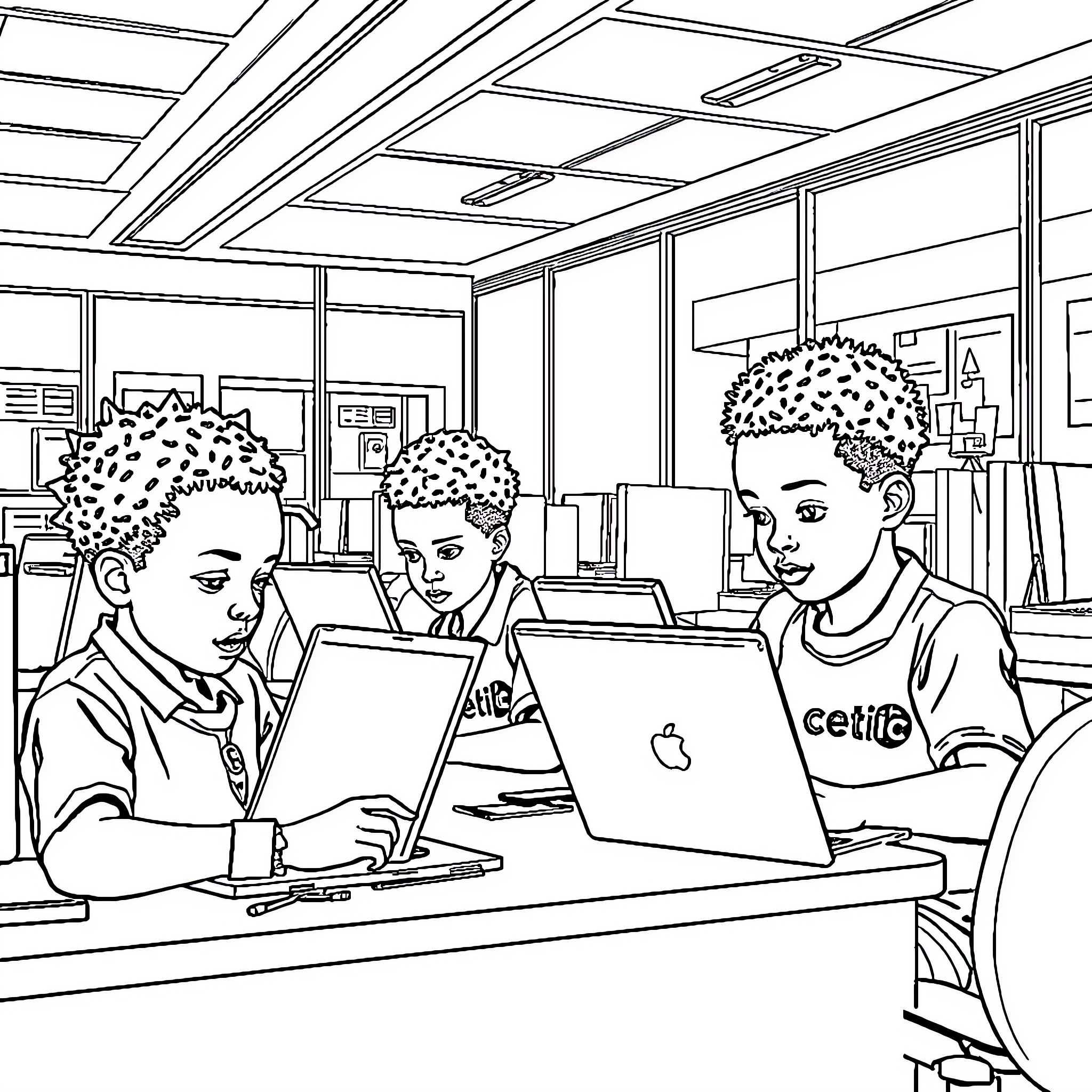 Child Students Using Laptops in Classroom Coloring Page (free black-and-white line drawing printable PDF for all, from beginners to advanced learners, including children, teens, adults, and seniors)