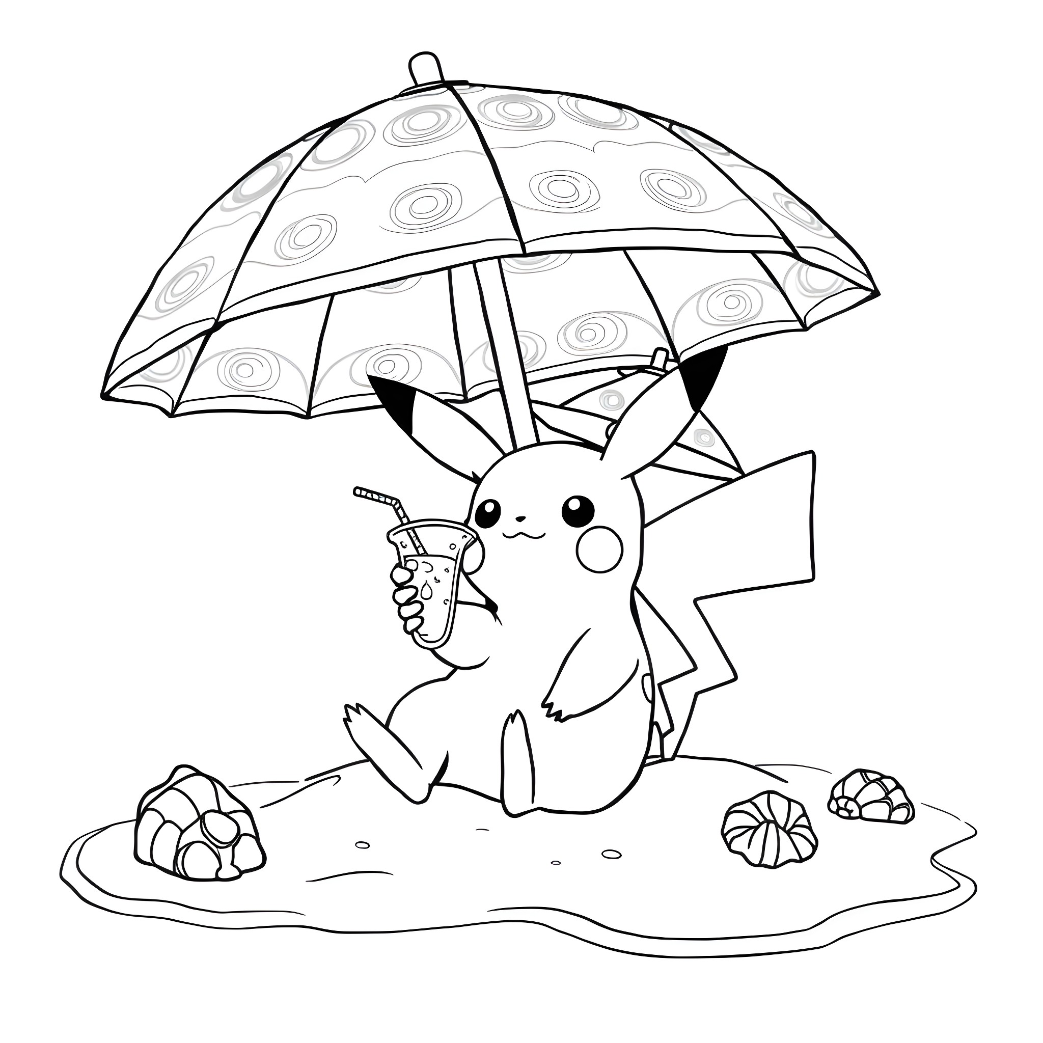Pikachu enjoying a refreshing drink under an umbrella Coloring Page (free black-and-white line drawing printable PDF for all, from beginners to advanced learners, including children, teens, adults, and seniors)