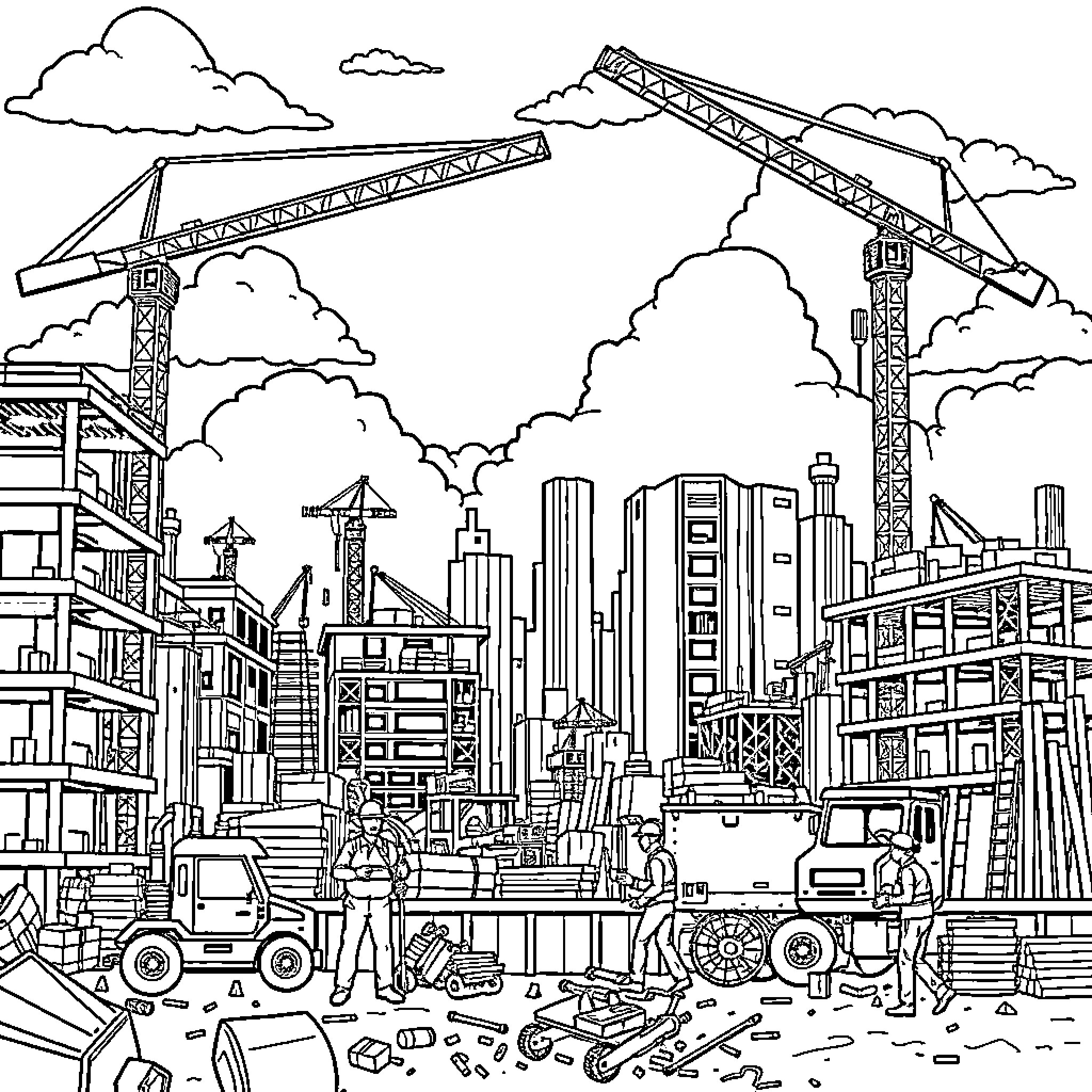 Construction of a modern urban skyline Coloring Page (free black-and-white line drawing printable PDF for all, from beginners to advanced learners, including children, teens, adults, and seniors)