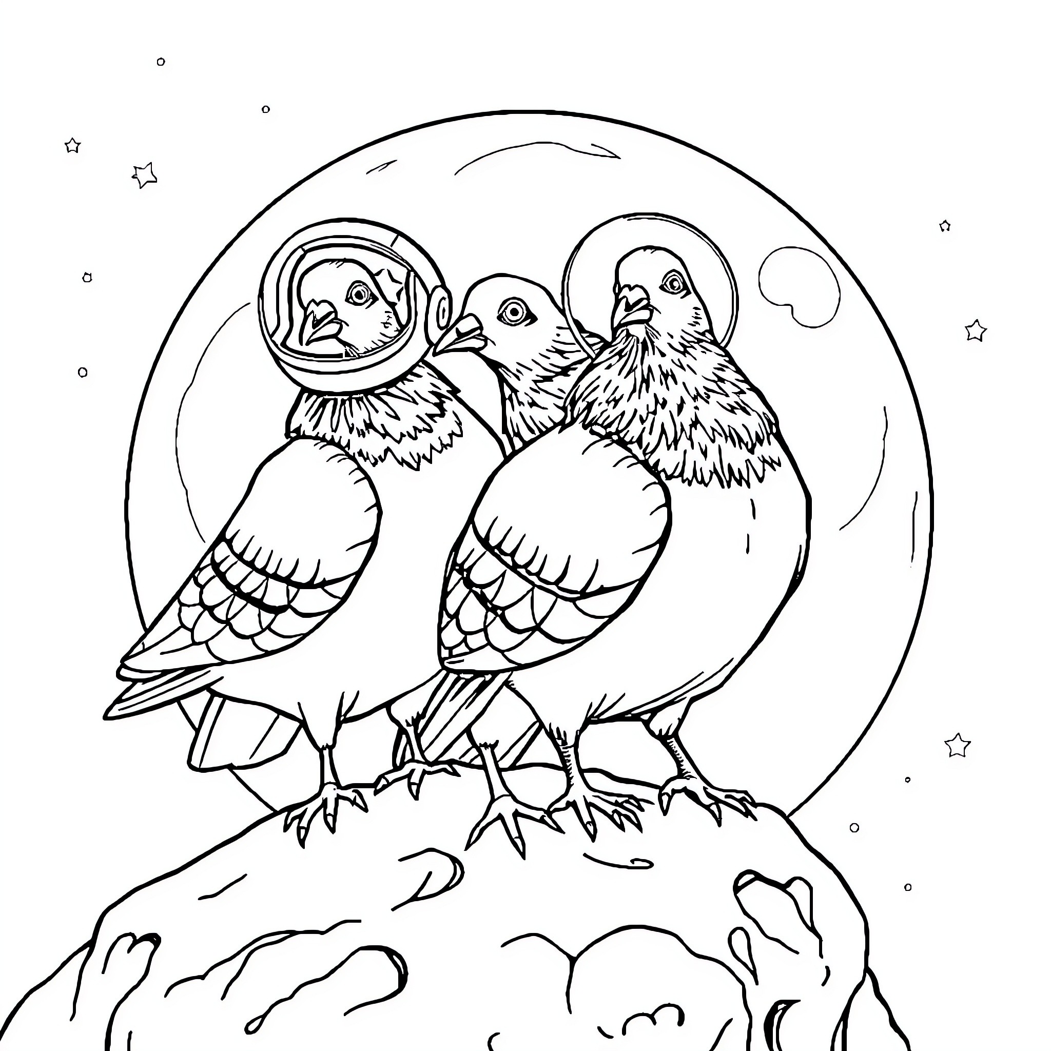 Pigeons in astronaut suits on the moon Coloring Page (free black-and-white line drawing printable PDF for all, from beginners to advanced learners, including children, teens, adults, and seniors)