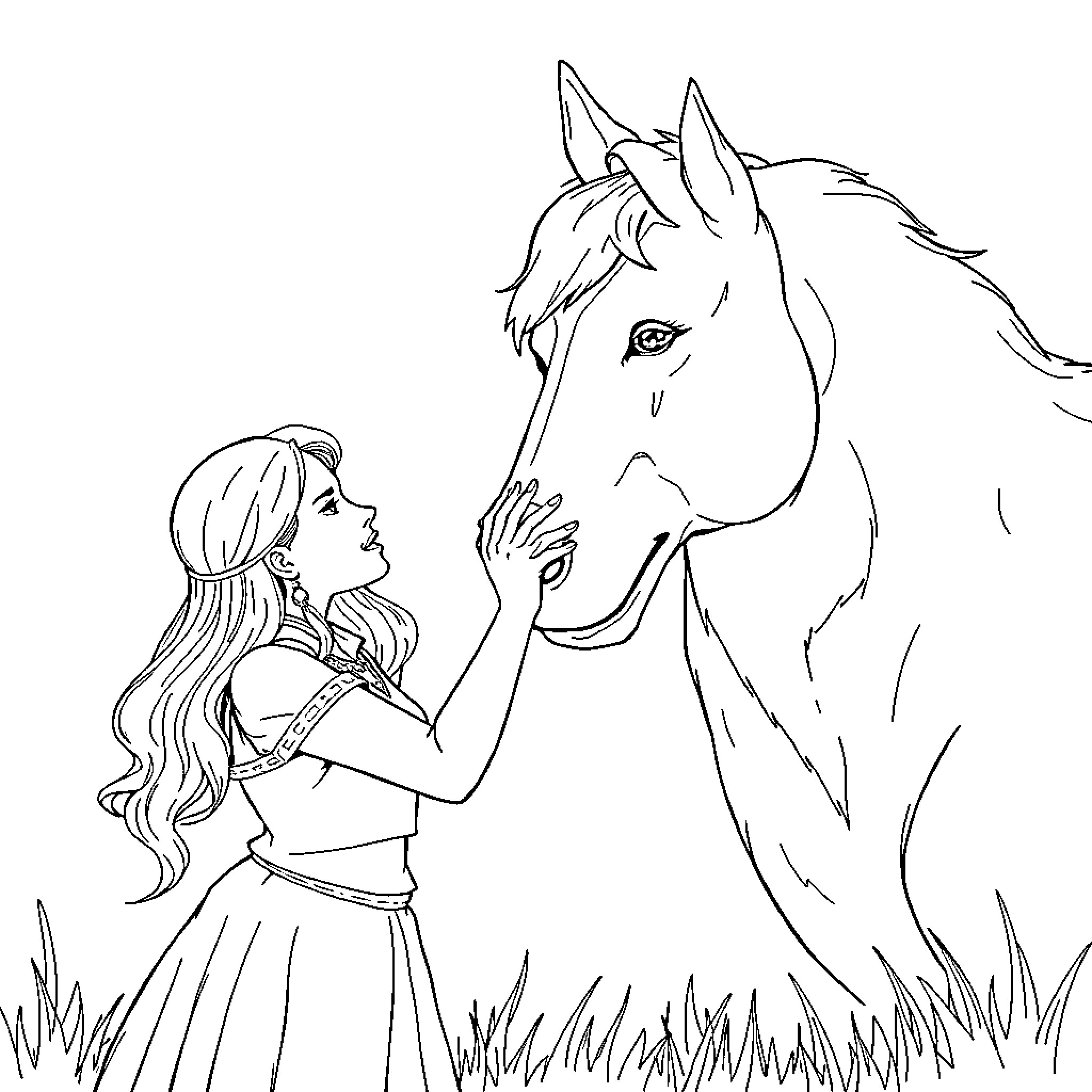 Lady Morgana interacting with a majestic horse in the meadow Coloring Page (free black-and-white line drawing printable PDF for all, from beginners to advanced learners, including children, teens, adults, and seniors)