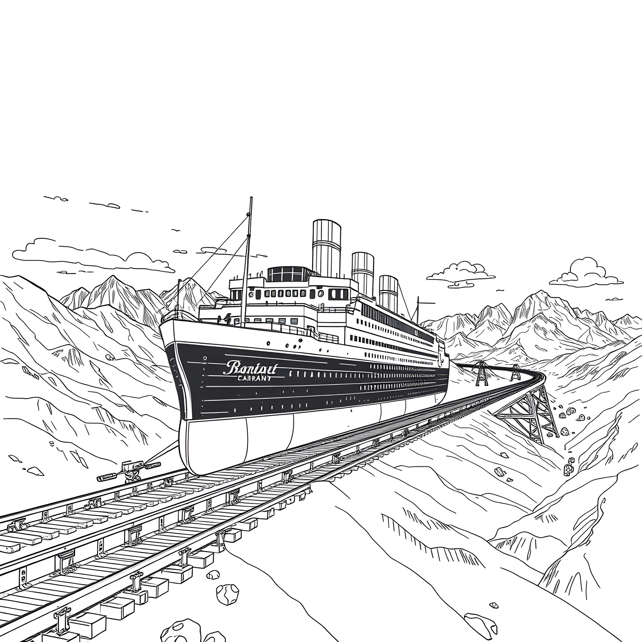 Titanic passenger ship navigating through icy waters Coloring Page (free black-and-white line drawing printable PDF for all, from beginners to advanced learners, including children, teens, adults, and seniors)