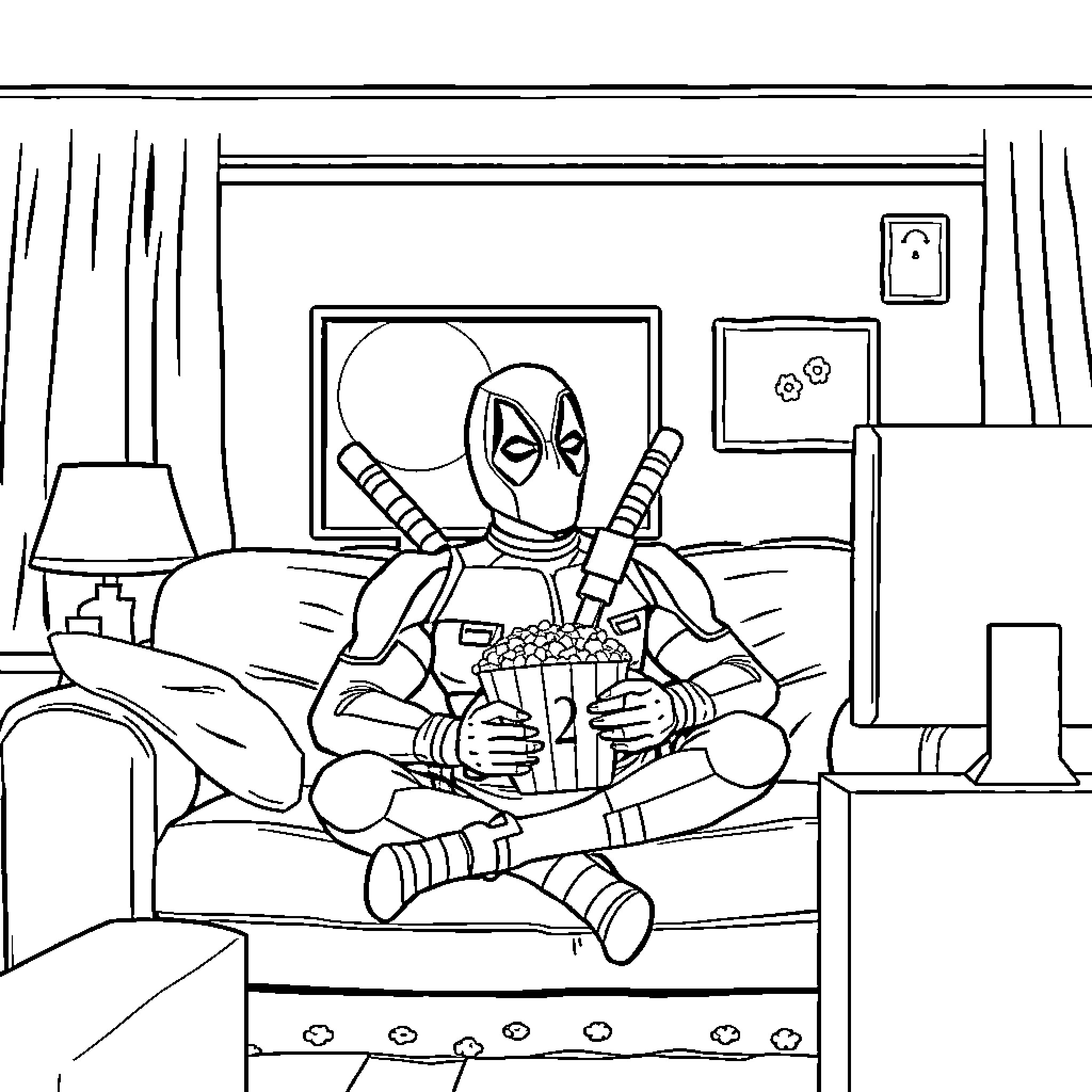 Deadpool relaxing at home with snacks Coloring Page (free black-and-white line drawing printable PDF for all, from beginners to advanced learners, including children, teens, adults, and seniors)
