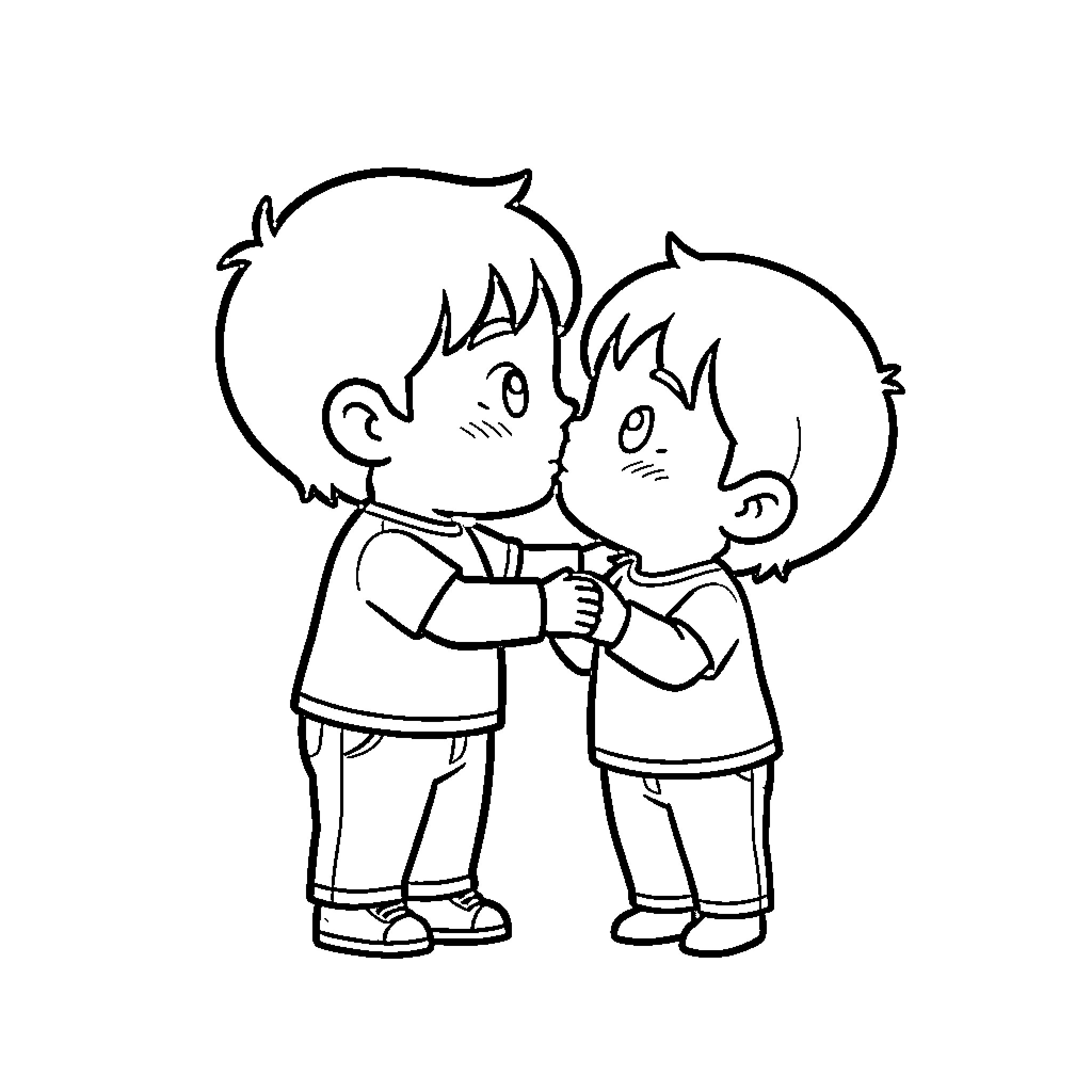 Mini Friends Happily Embracing Coloring Page (free black-and-white line drawing printable PDF for all, from beginners to advanced learners, including children, teens, adults, and seniors)