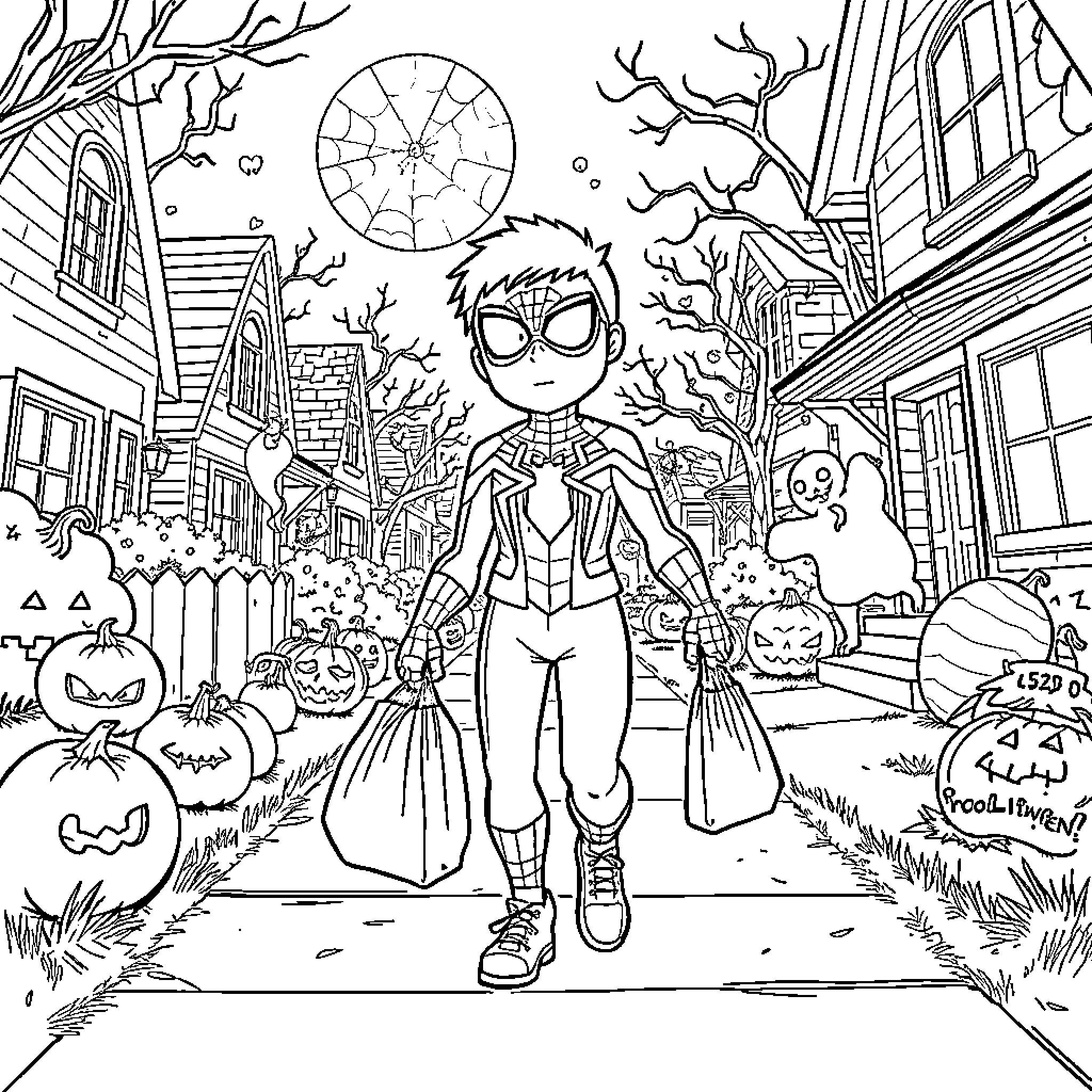 Miles Morales Exploring the Spooky Halloween Town Coloring Page (free black-and-white line drawing printable PDF for all, from beginners to advanced learners, including children, teens, adults, and seniors)