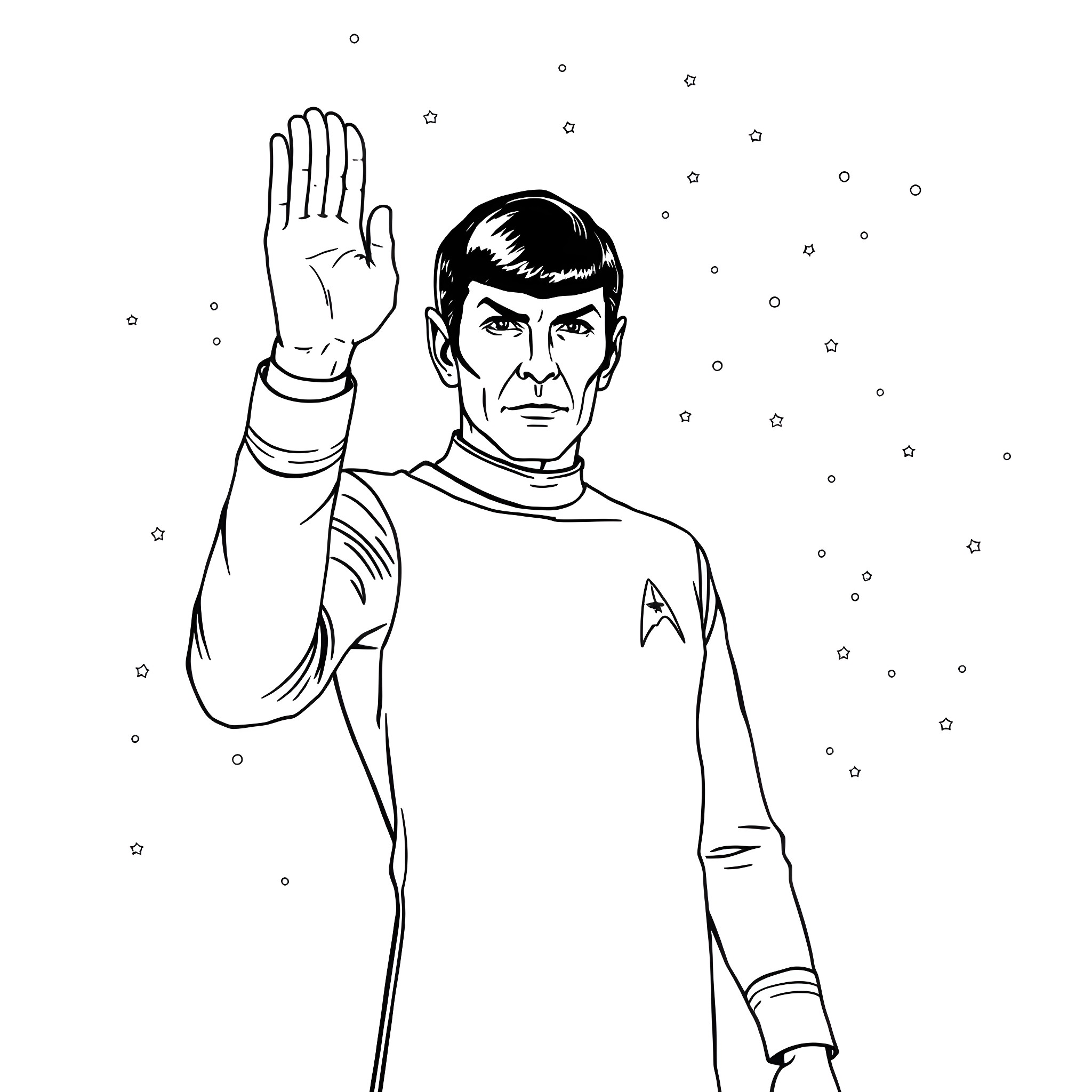 Spock's Iconic Salute in the Starry Void Coloring Page (free black-and-white line drawing printable PDF for all, from beginners to advanced learners, including children, teens, adults, and seniors)