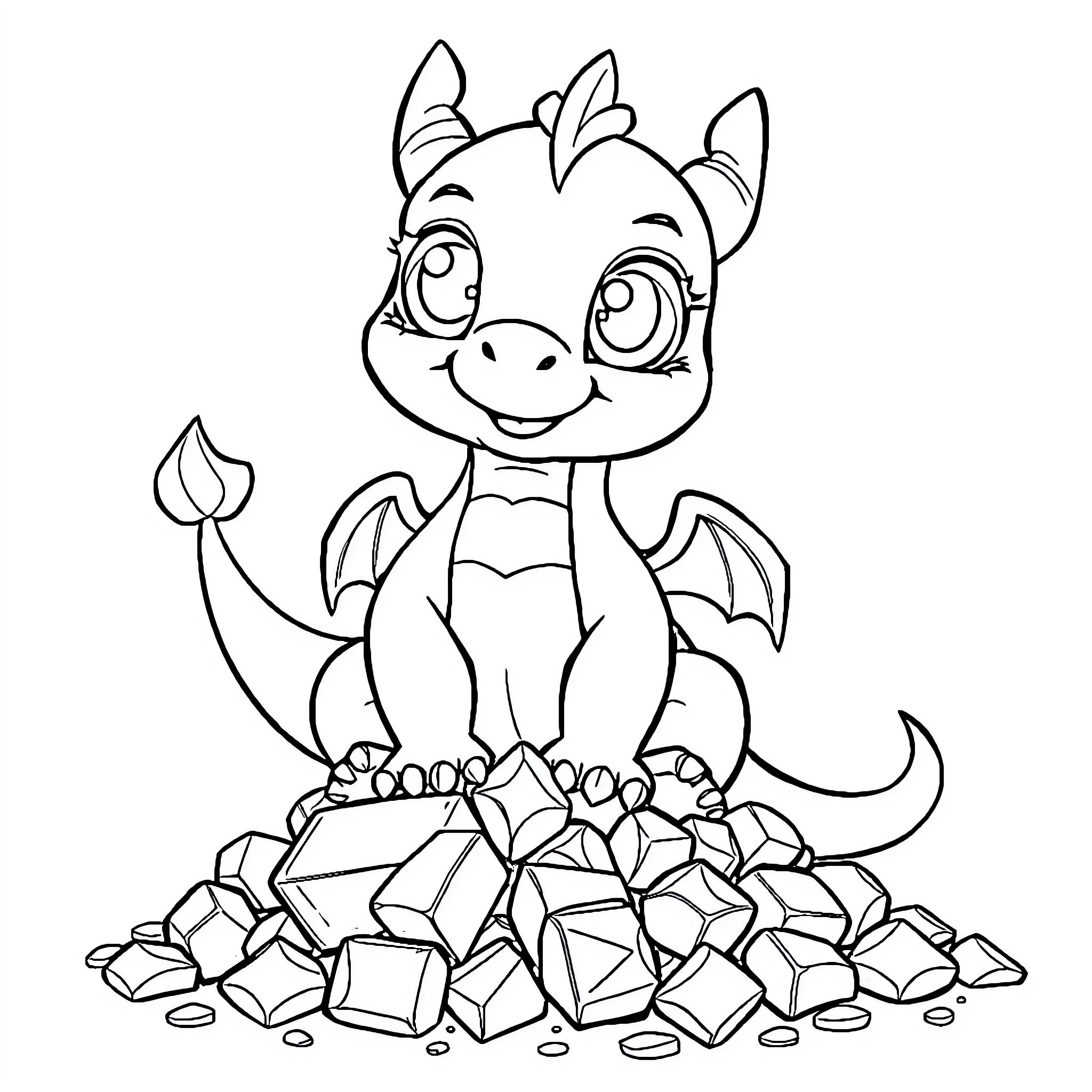 Dragon hatchling exploring treasure trove Coloring Page (free black-and-white line drawing printable PDF for all, from beginners to advanced learners, including children, teens, adults, and seniors)
