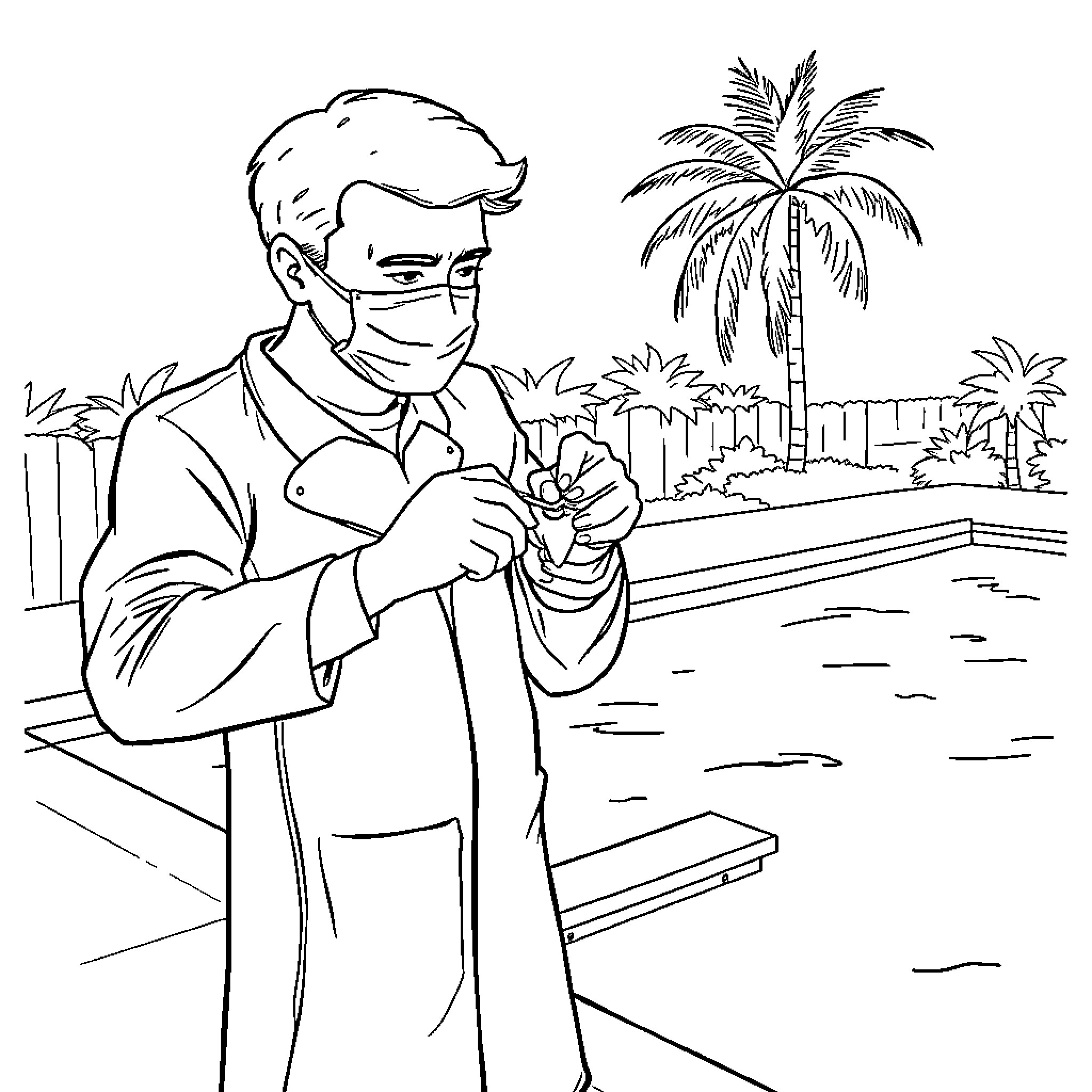 Dentist examining patient outdoors with tropical scenery Coloring Page (free black-and-white line drawing printable PDF for all, from beginners to advanced learners, including children, teens, adults, and seniors)