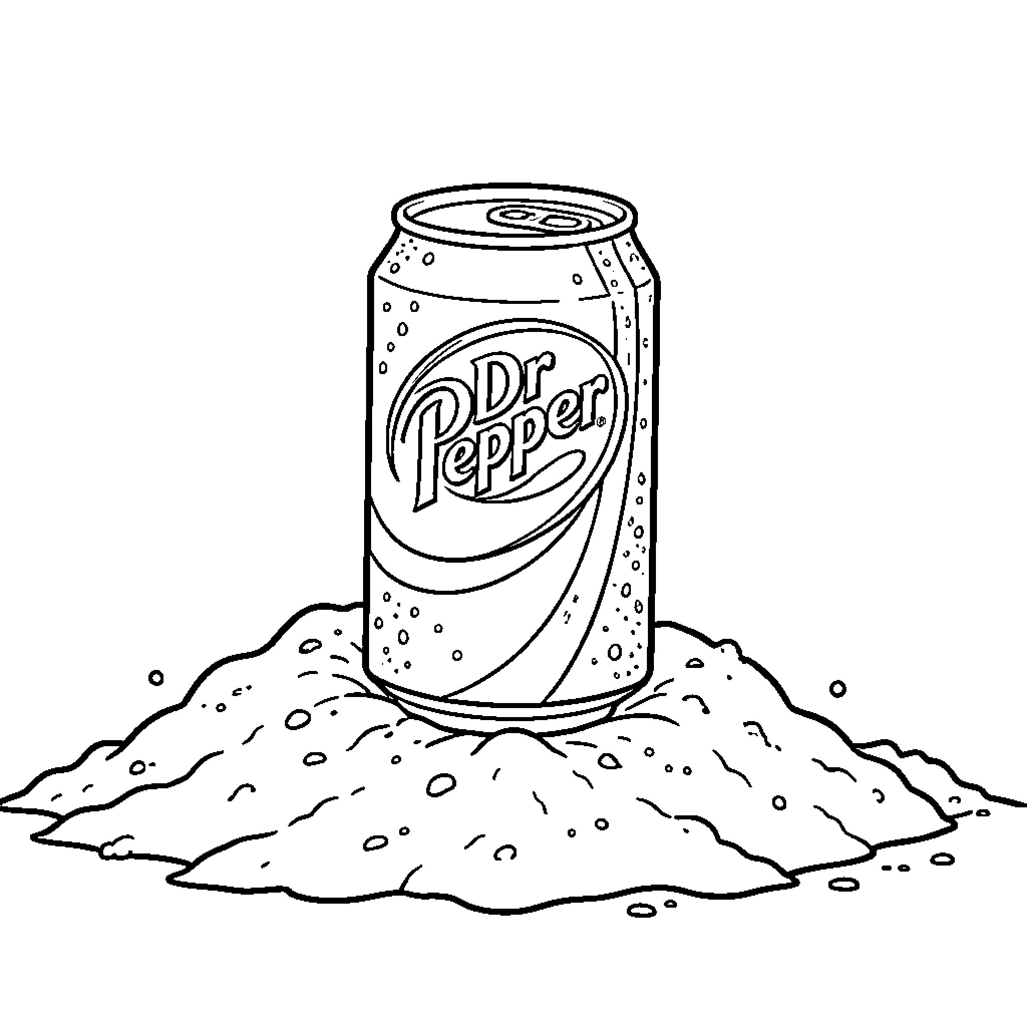 Dr Pepper can sitting on a pile of sand Coloring Page (free black-and-white line drawing printable PDF for all, from beginners to advanced learners, including children, teens, adults, and seniors)